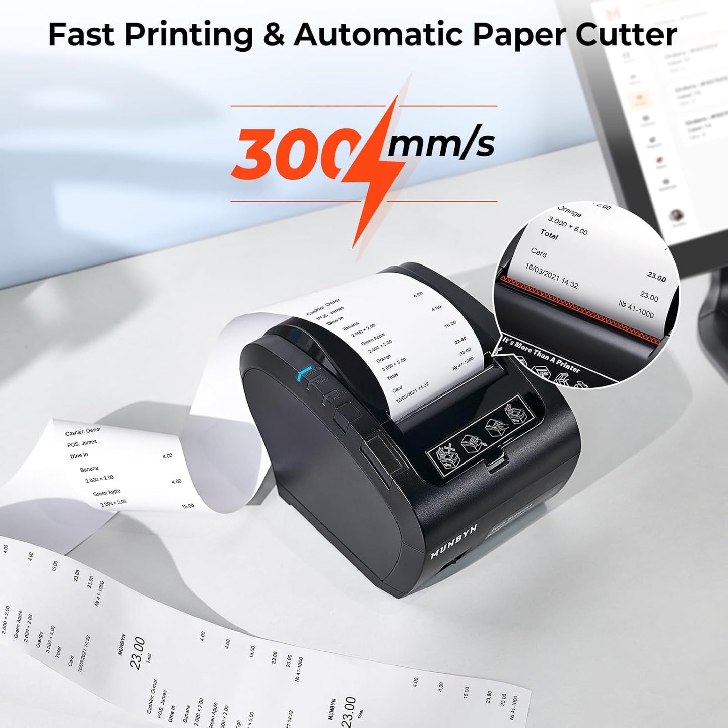 MUNBYN Bluetooth Thermal Receipt Printer P047, 80mm POS Printer, Thermal Printer with USB Serial Ethernet, Bluetooth, Sup