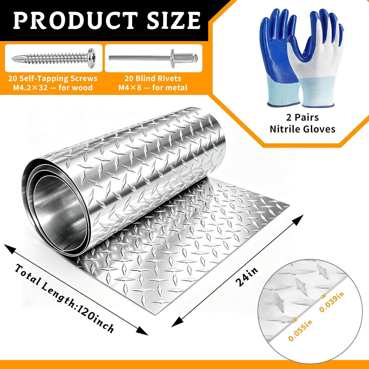 24" x 120" Aluminum Diamond Plate - Heavy Duty Pattern, Slip-Resistant 0.055" Thick Aluminum Pattern Sheet with Gloves & Rivets Great for RV Steps, Trailer, Garage Walls, Truck Repair & Home Decor