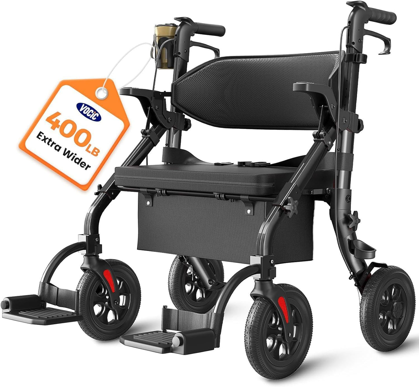 Walkers for Seniors Z59, 2 in 1 Walker Wheelchair Combo, 400 LBS Weight Capacity, 10" All Terrain Rollator with Cup Holder