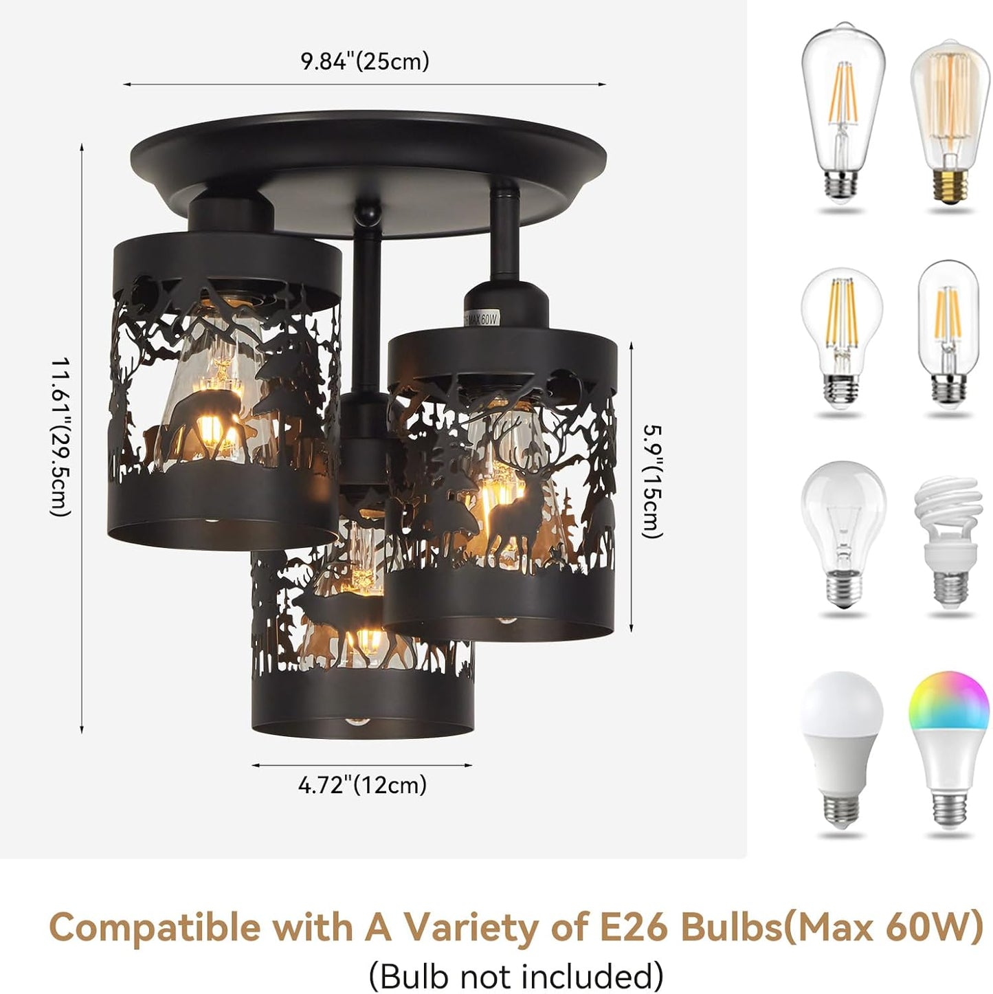 3-Light Rustic Farmhouse Semi Flush Mount Ceiling Light Fixture | Deer & Forest Design, Black Metal Shades, E26 Base