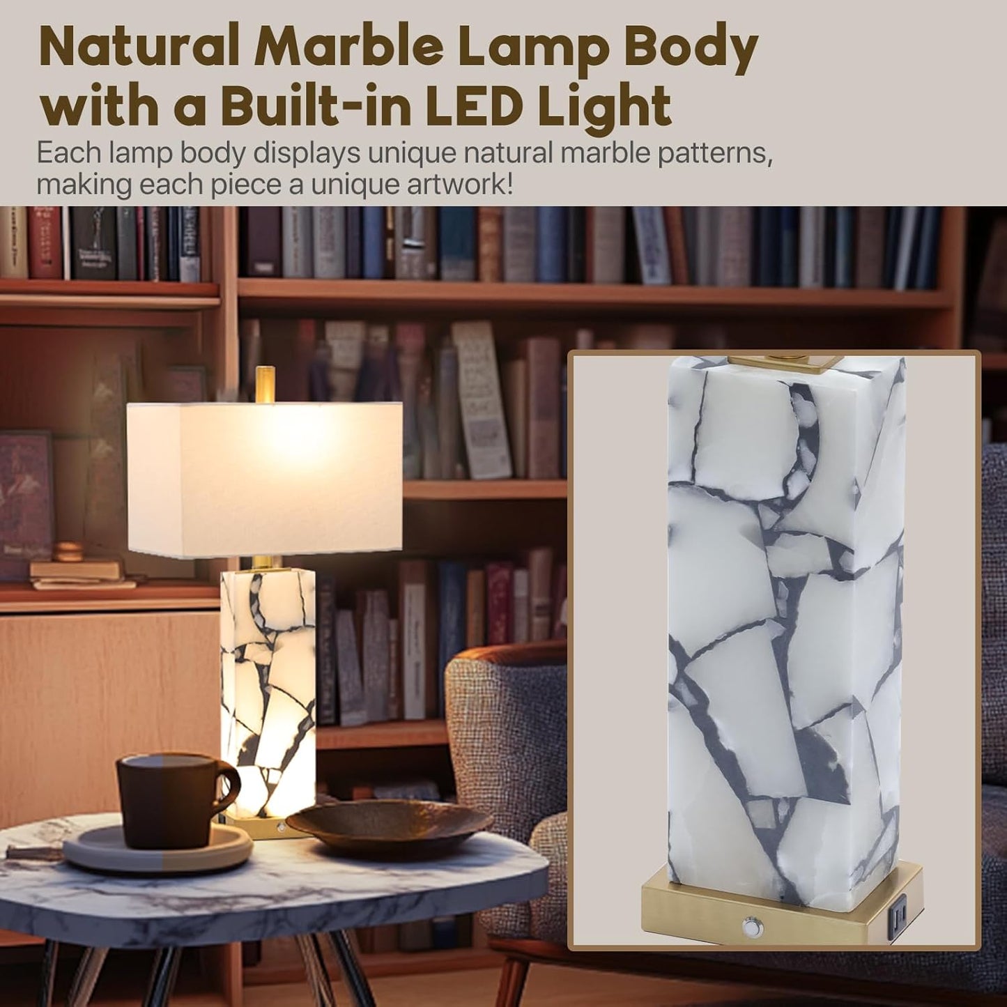 Natural Marble Table Lamps Set of 2: 3-Color Temperatures Alabaster Lamp with Nightlight, Bedside Lamps with USB Ports, Bedroom Lamps for Night