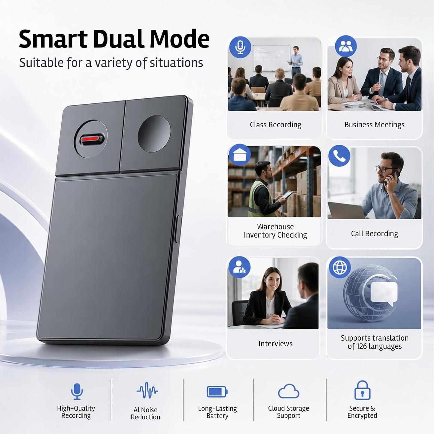 AI Voice Recorder with Free Transcription, 64GB AI Note Taker with GPT Chat, Real-Time 126 Language Translator, Voice to Text & Auto Meeting Summary for Meetings & Calls, Professionals & Teams