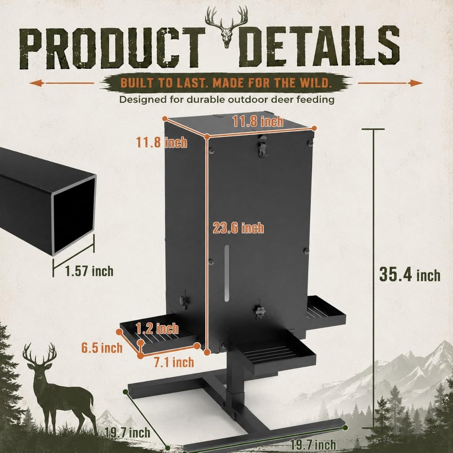 50 lbs Deer Feeder with 4 Feeding Tray, Gravity Deer Feeder with Adjustable Feed Outlet, View Window, Weatherproof Camo Cover, Metal Deer Feeders for Woodland, Farm, Ranch & Hunting Grounds