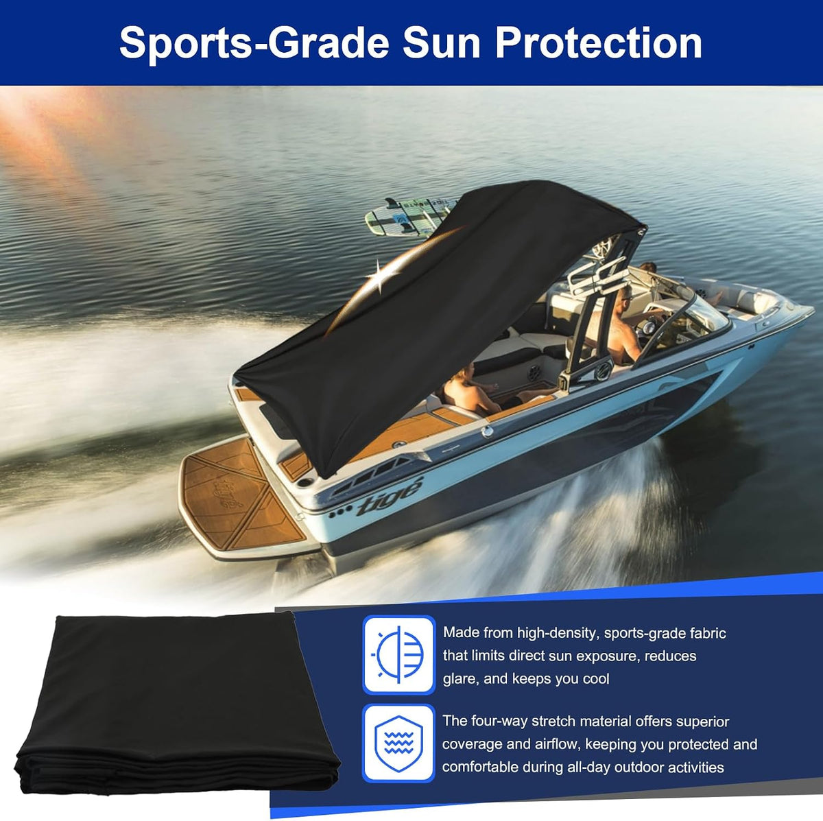 T-Top Bow Shade 9' x 5' for Boat, UTV & RV – Portable Sun Shade Extension with UV Protection, Stretchy Breathable Fabric, Universal Fit for T-Top, Bimini, Roll Bar – Includes Shock Cord & Carabiner