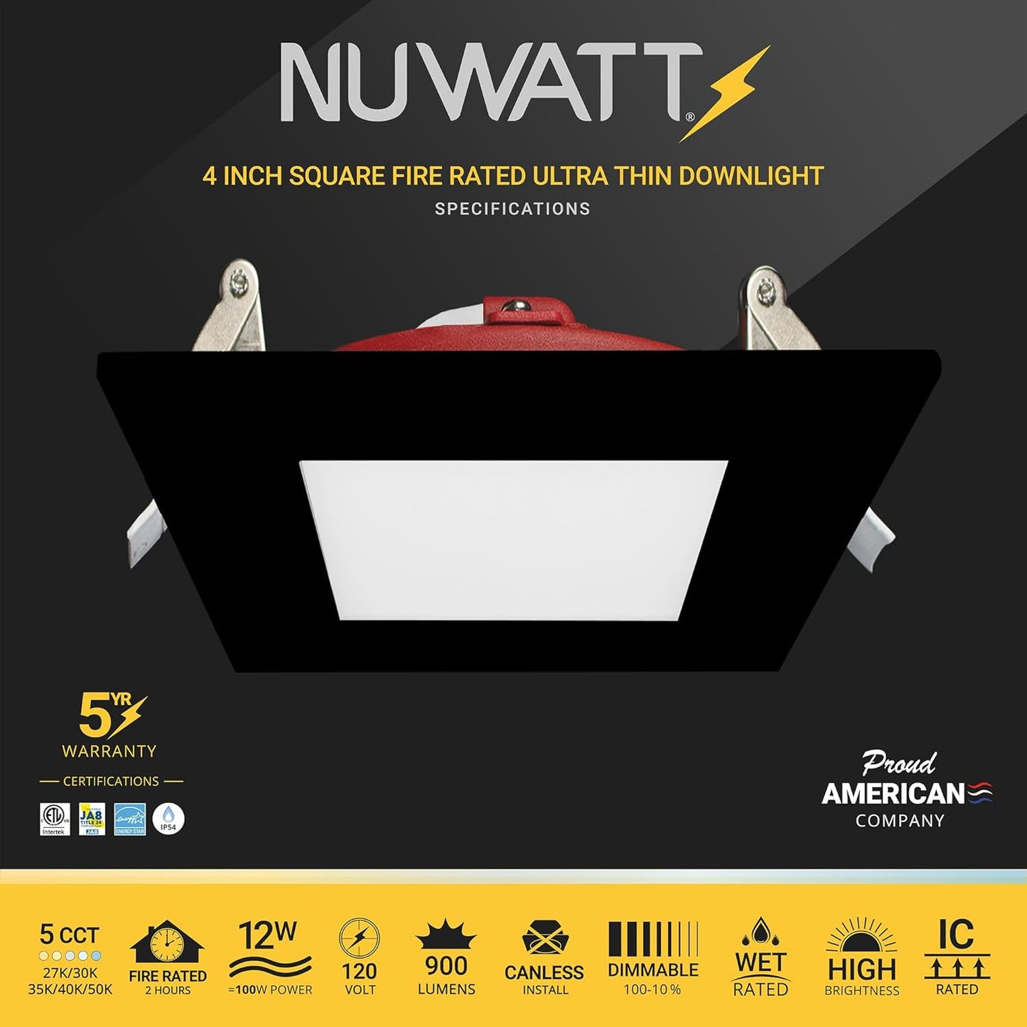 NUWATT 12 Pack, 4 Inch 2 Hour FIRE Rated LED Recessed Light, 2700K/3000K/3500K/4000K/5000K Selectable, 900 Lumen Dimmable, IC Rated, Square Black