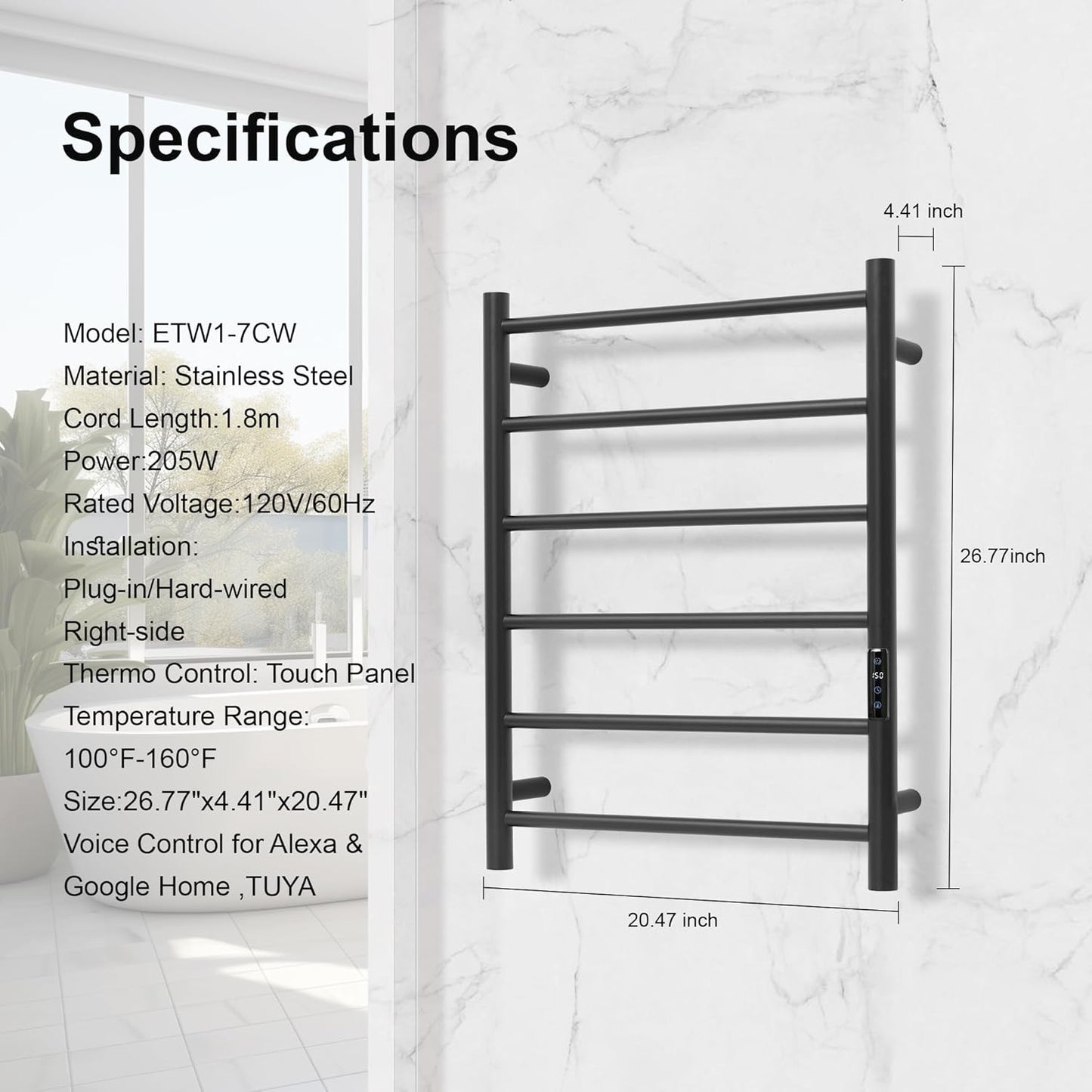 Electric Towel Rack with Voice Control for Alexa & Google Home,TUYA - Wall-Mounted Bathroom Heating Towel Warmer,Plug-in,Stainless Steel Material (Black with WiFi, 6 Bar) 6 Bar Black With Wifi