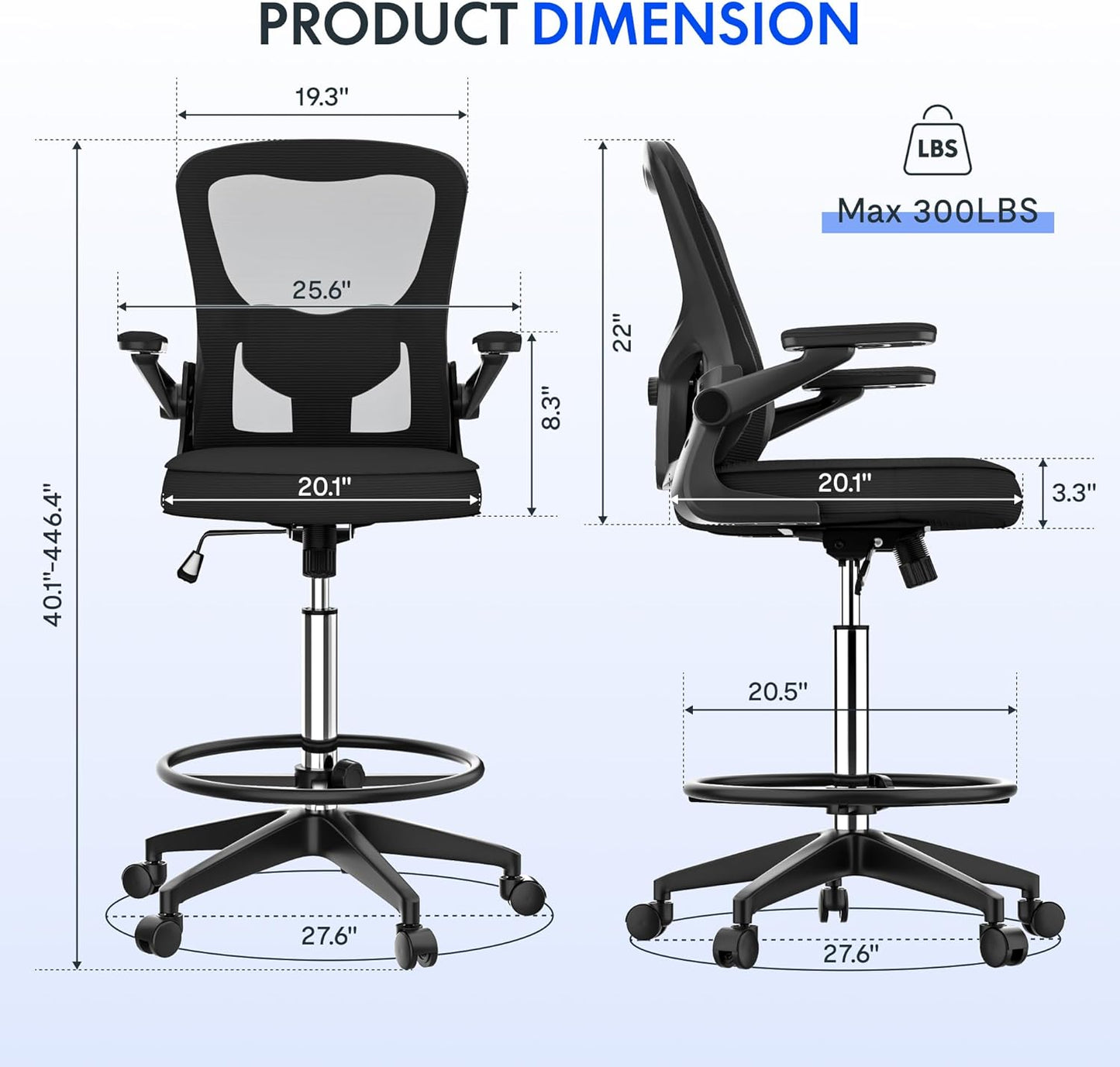 Big and Tall Mesh Office Drafting Chair,Comfortable Computer Chairs with Adjustable Lumbar Support and 3D Flip-Up Armrests,Standing Desk Chairs for