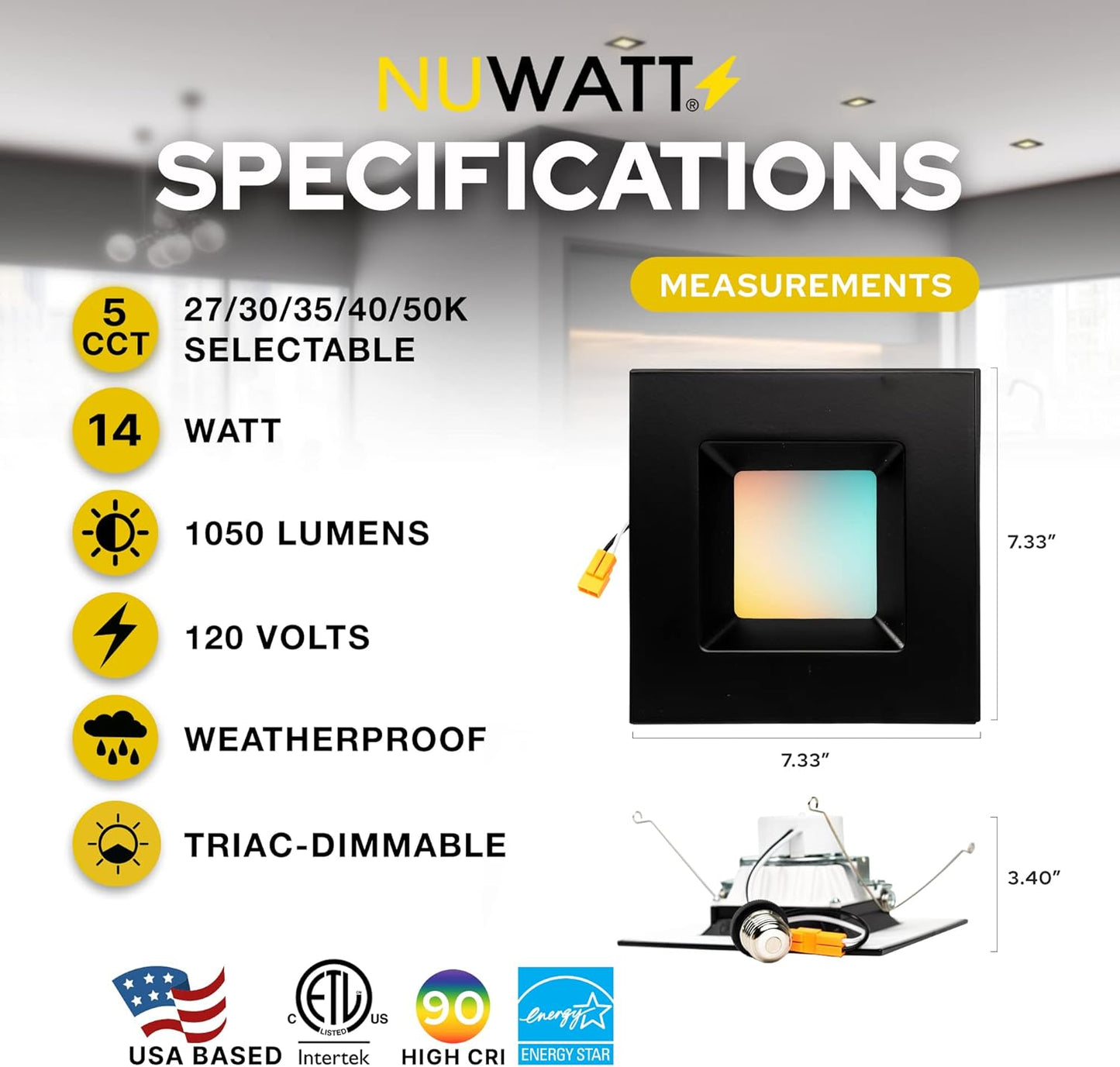 NUWATT | 4 Pack | Black 6 Inch LED Ceiling Light Square Retrofit Can Light, 14W 1100 Lumens, 5CCT 2700K | 3000K | 3500K | 4000K | 5000K Selectable,