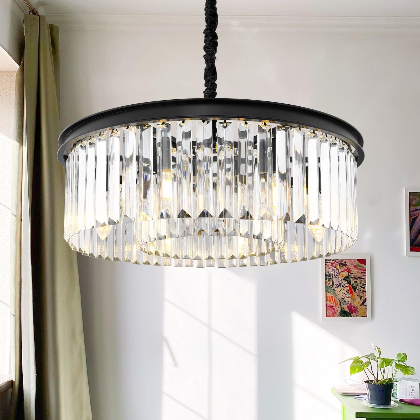 CRYSTOP 2-Tier Black Foyer Chandelier Ceiling Light, Semi Flush Mount Ceiling Pendant Light, Modern Contemporary Crystal Chandeliers for Living Room