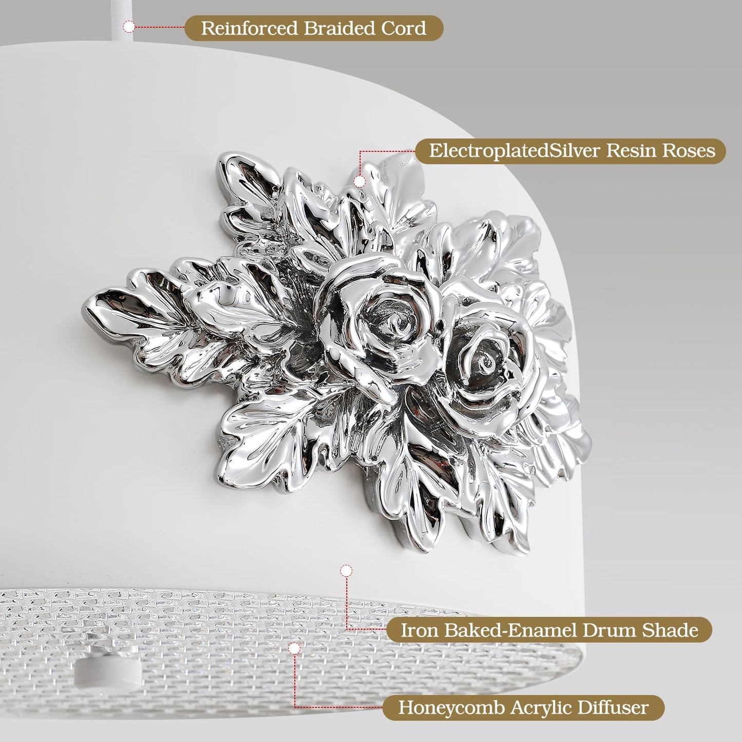 3-Light Silver Flower Pendant light,Modern Elegant Floral Kitchen Island chandelier small vintage Fixture 10.2-in Art Deco rose White drum-shaped Adjustable Hanging For Dining Room Hallway Entryway.