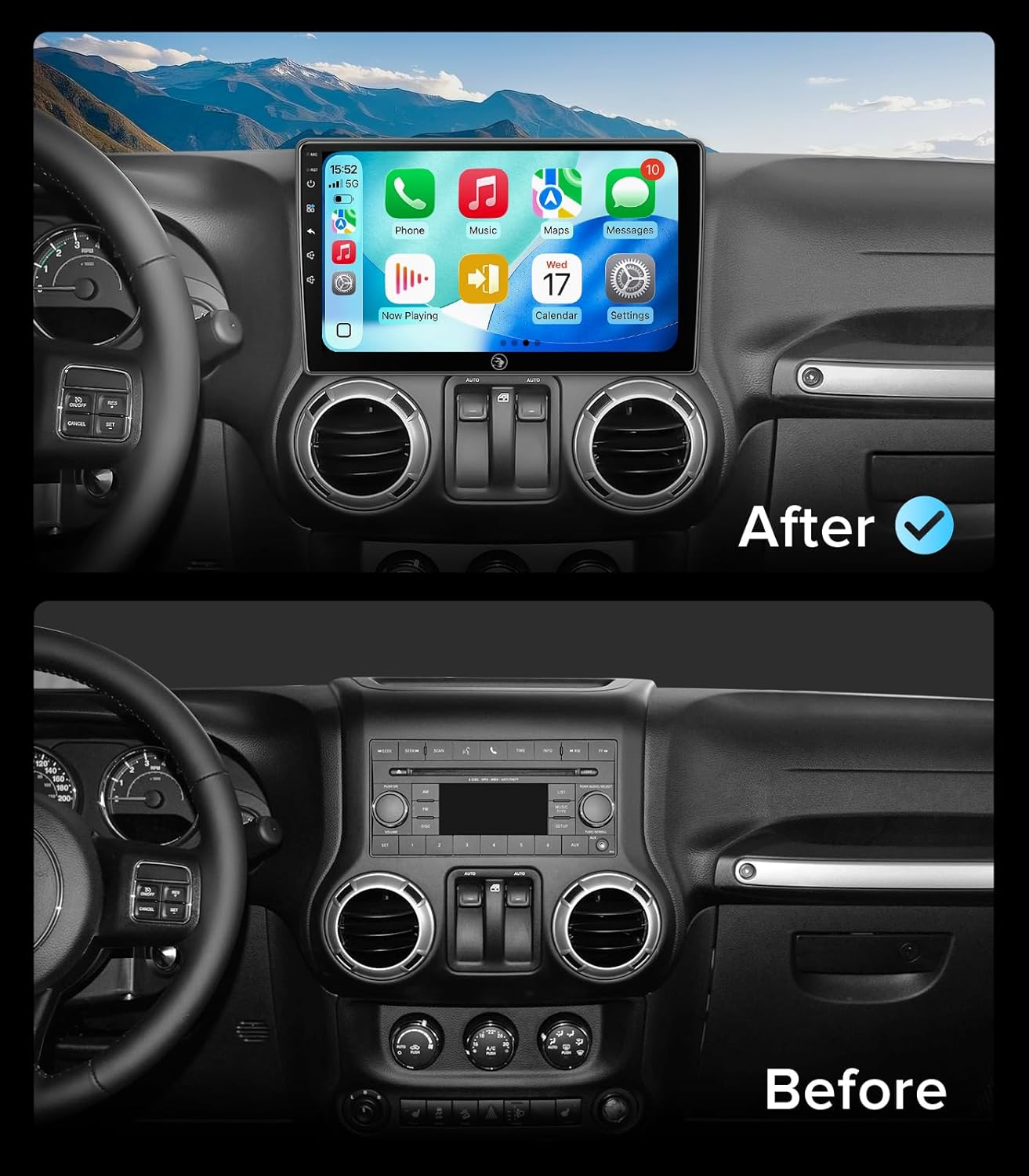 QLED Linux Car Stereo for Jeep Wrangler JK 2007-2018, Dodge Ram 1500 Radio 2009-2012 - Fast Boot Wireless CarPlay & Android Auto, AHD 1080P Backup Camera, Bluetooth, SWC, Dash Kit