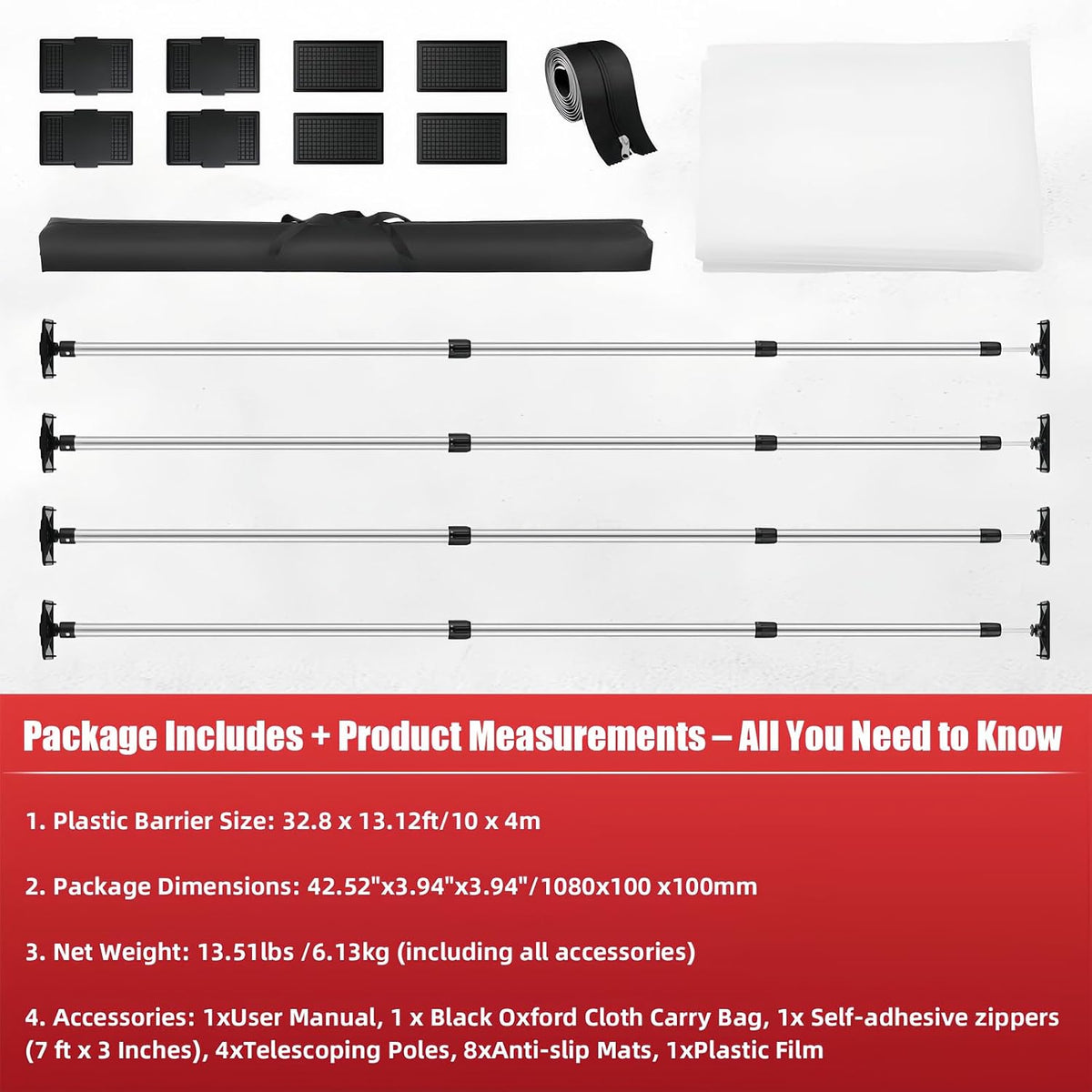 12FT Spring Dust Barrier Poles Kit, Retractable Zip Wall Pole Kit