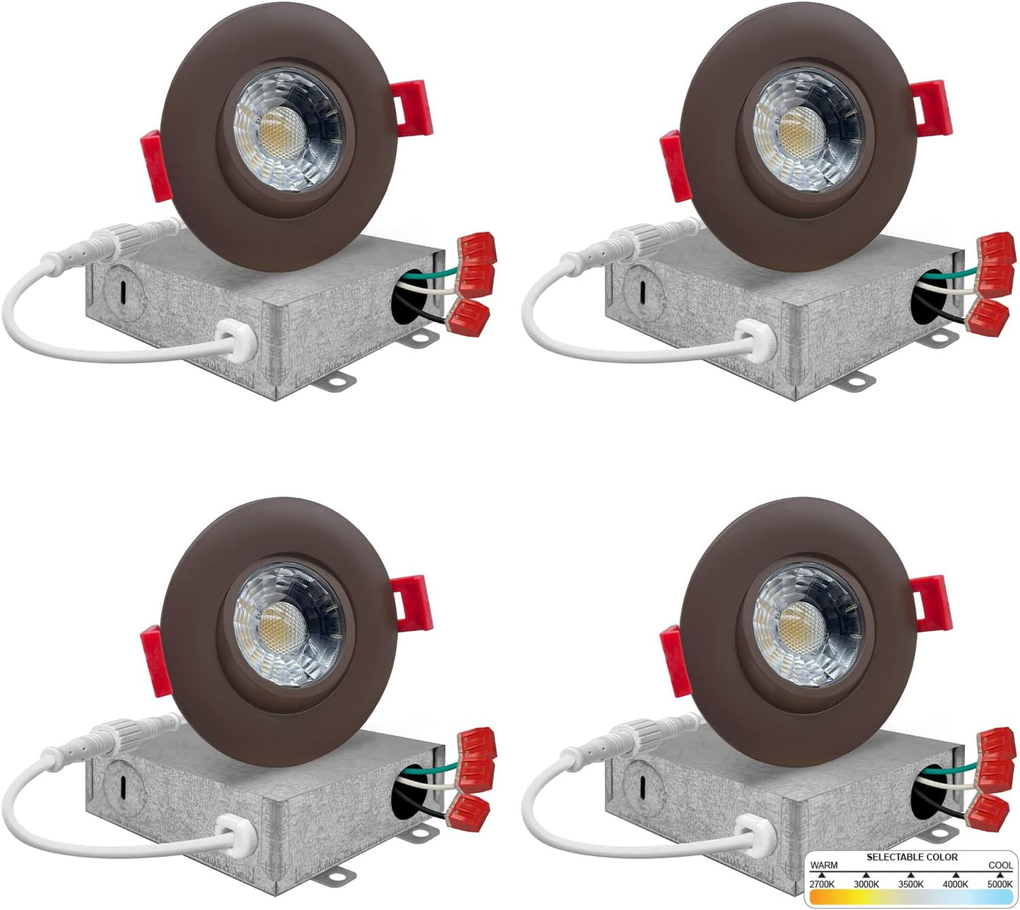 NUWATT 3 Inch LED Gimbal Recessed Downlight, 4 Pack, Canless All-in-1 LED Light with 5 CCT Color Switch 2700K - 5000K, 8W, 600 Lumens, 120V,