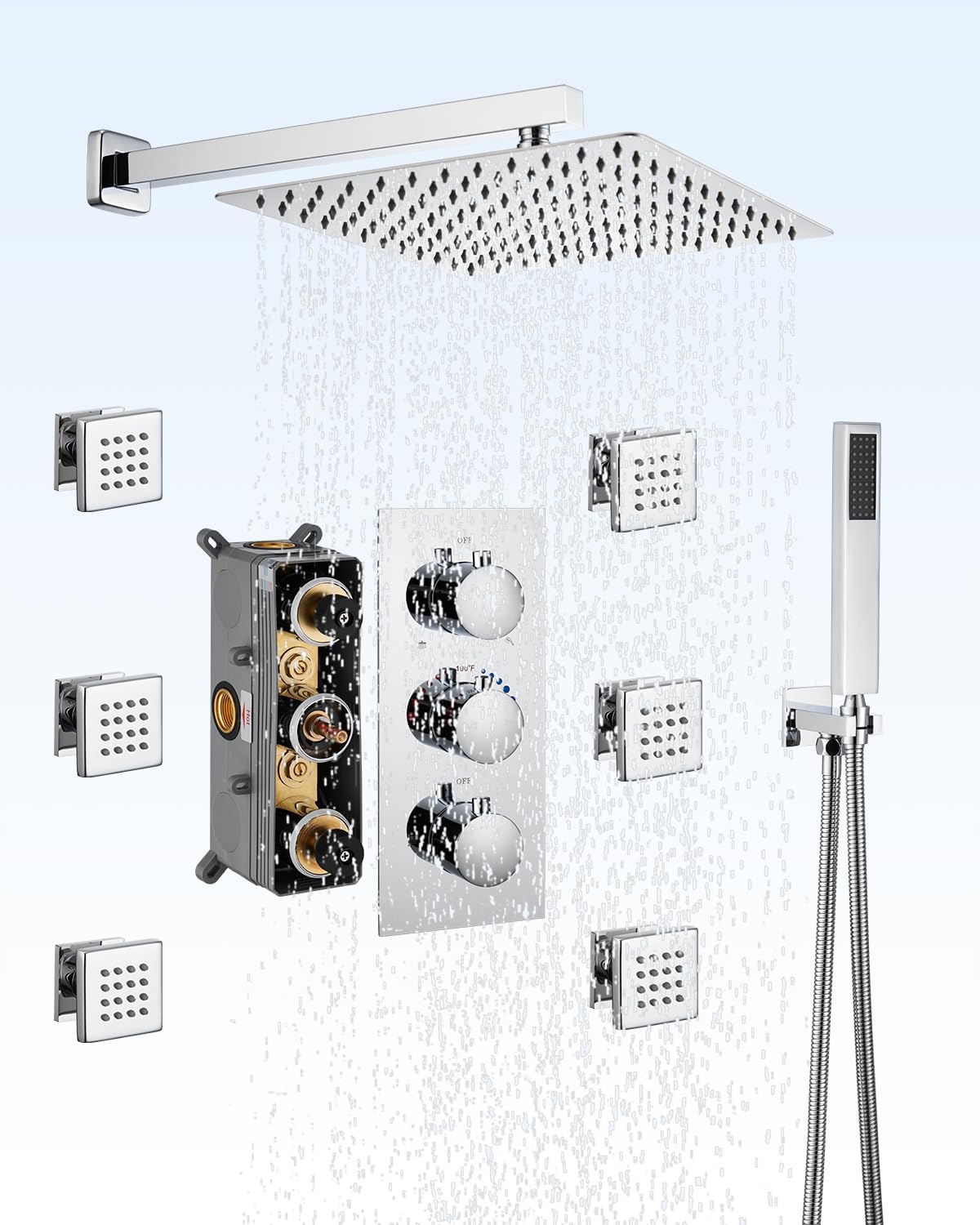 MONDAWE 12 In Thermostatic Shower System with body jets. Wall Mount Rainfall Dual Shower Heads with 3-Spray Patterns, Chrome (Chrome-B)