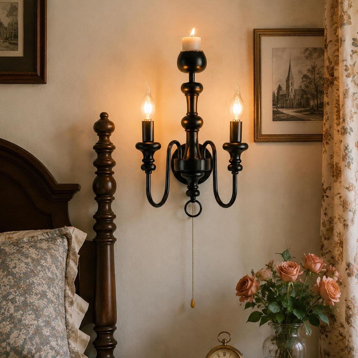 Matte Black Iron Double-Arm Wall Sconce, Retro Farmhouse Hardwired Lamp with Scented Candle Tray & Pull Switch for Home Decor (Candles Not Included)