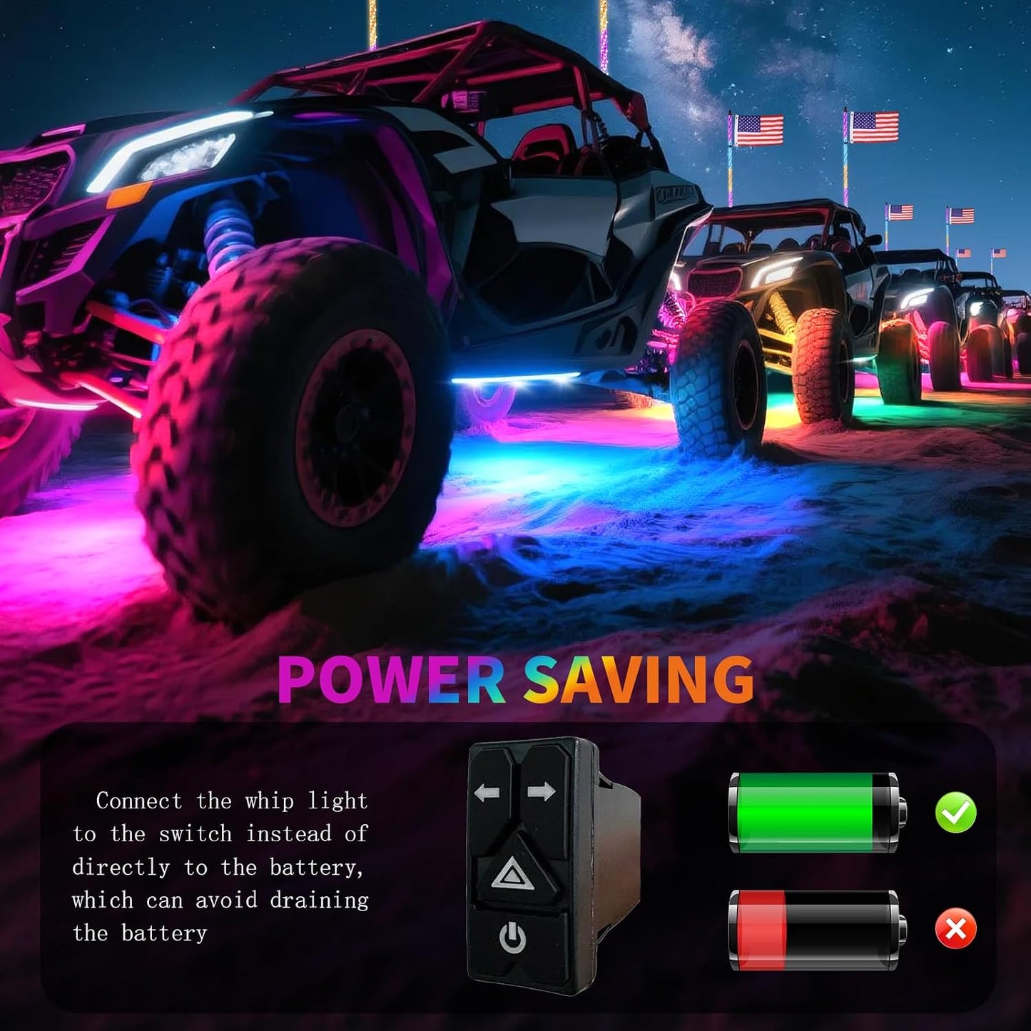 2PCS 3FT LED Whip Light and 8 Pods Rock Light Kit with Spring Base, Switch, Remote and App Control,Universal for UTV ATV RZR Polaris SXS Can-Am