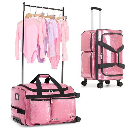 Fanwoli 23" Rolling Dance Duffel Bag with Garment Rack | Detachable 4-Spinner Wheels | Waterproof Glitter Fabric | Competition Travel Luggage for Cheerleader, Skating, Gymnast & Sleepover | Pink Sparkling Pink