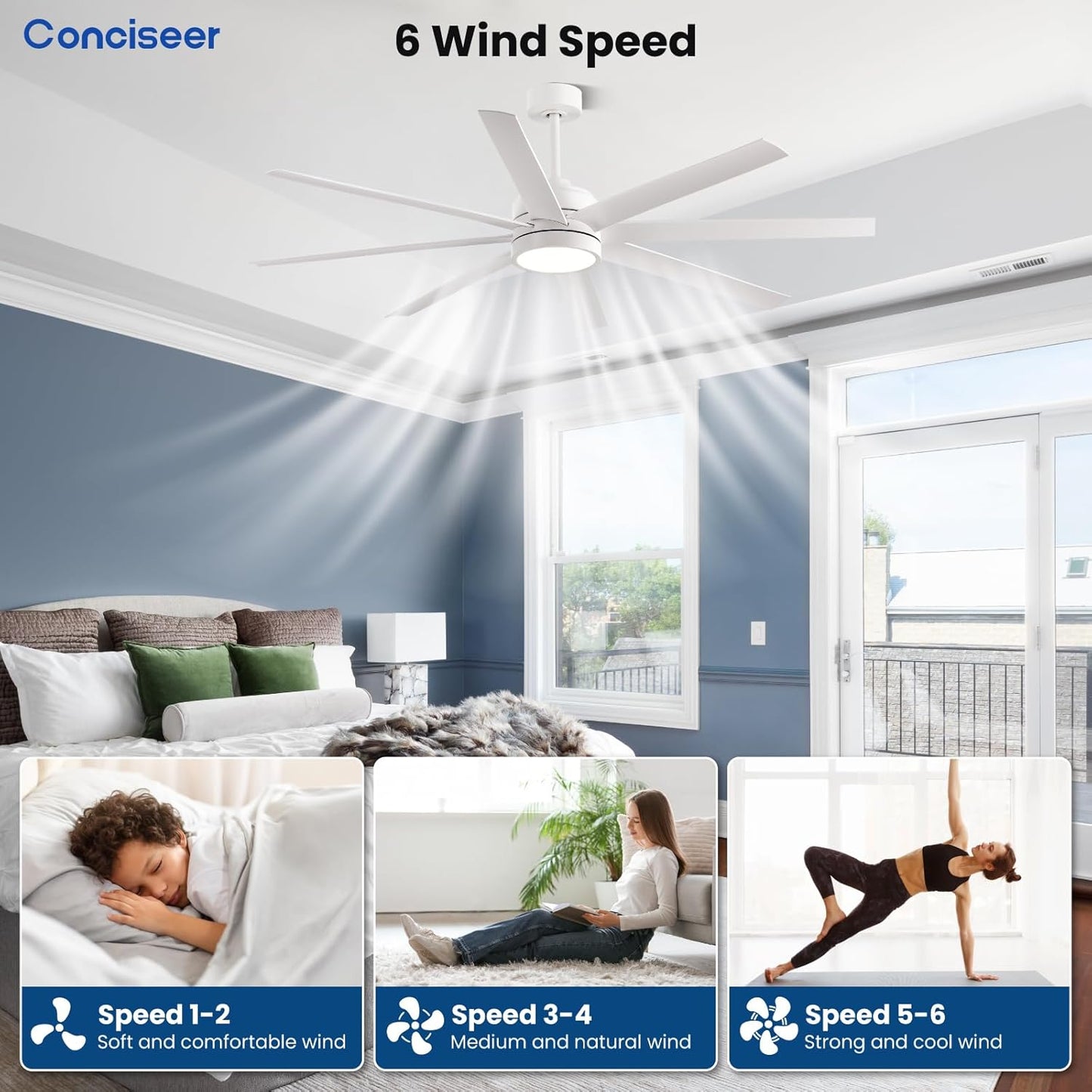 Modern Ceiling Fans with Lights, 65 Inch Ceiling Fans with Remote for Bedroom Living Room Kitchen, 8 Blades 6 Speed Reversible Quiet DC Motor White