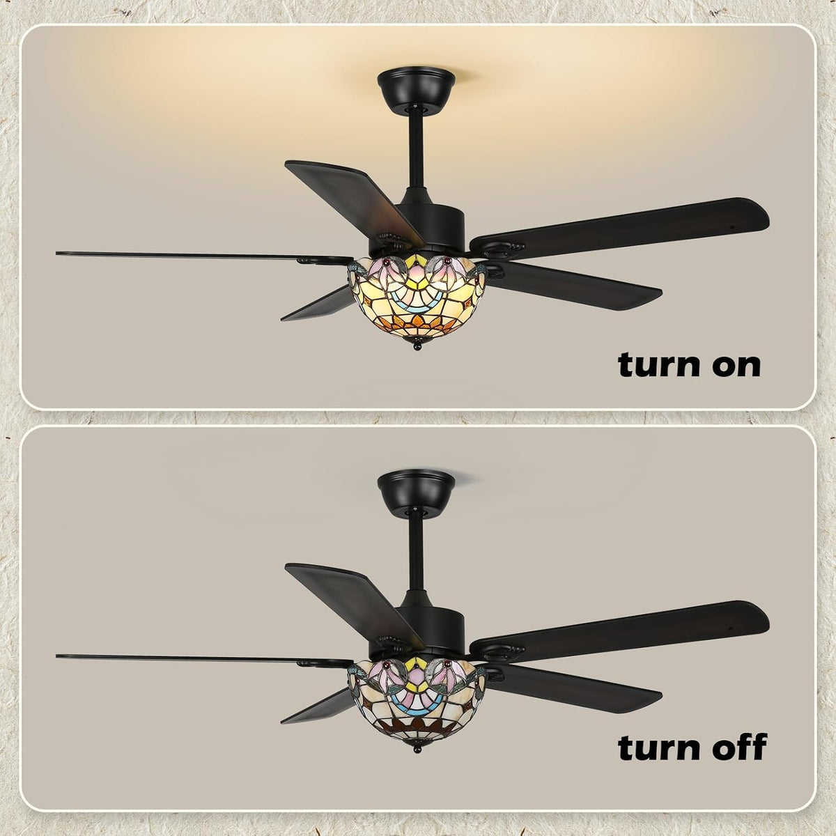 Stained Glass Ceiling Fan with Light, 52" Vintage Fandelier Fan with Remote black