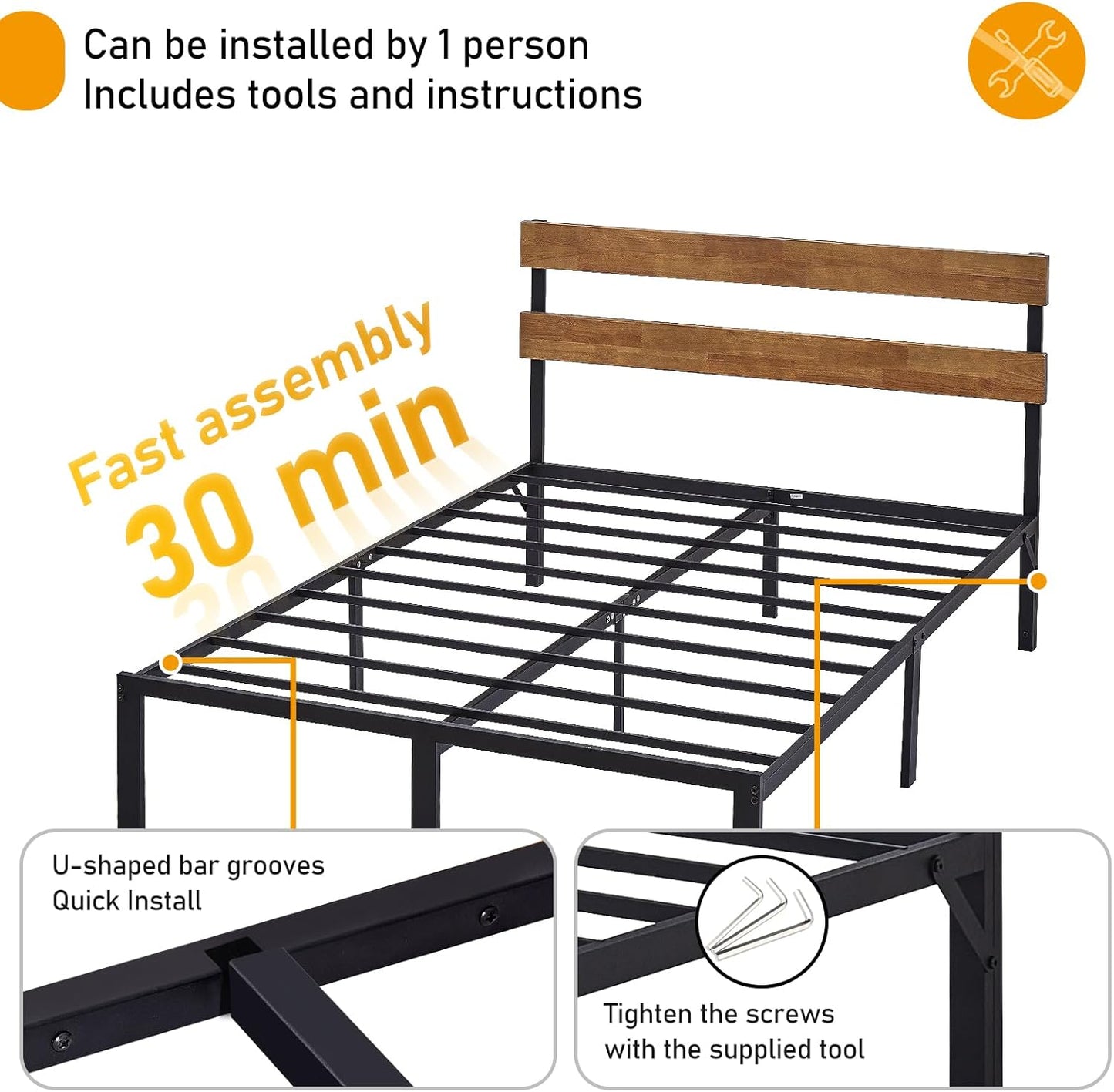 Anyhave Queen Bed Frame with RGBW Christmas LED Lights with Remote, Industrial Metal Platform Bed with Wood Headboard, Steel Slat Support/Large Under