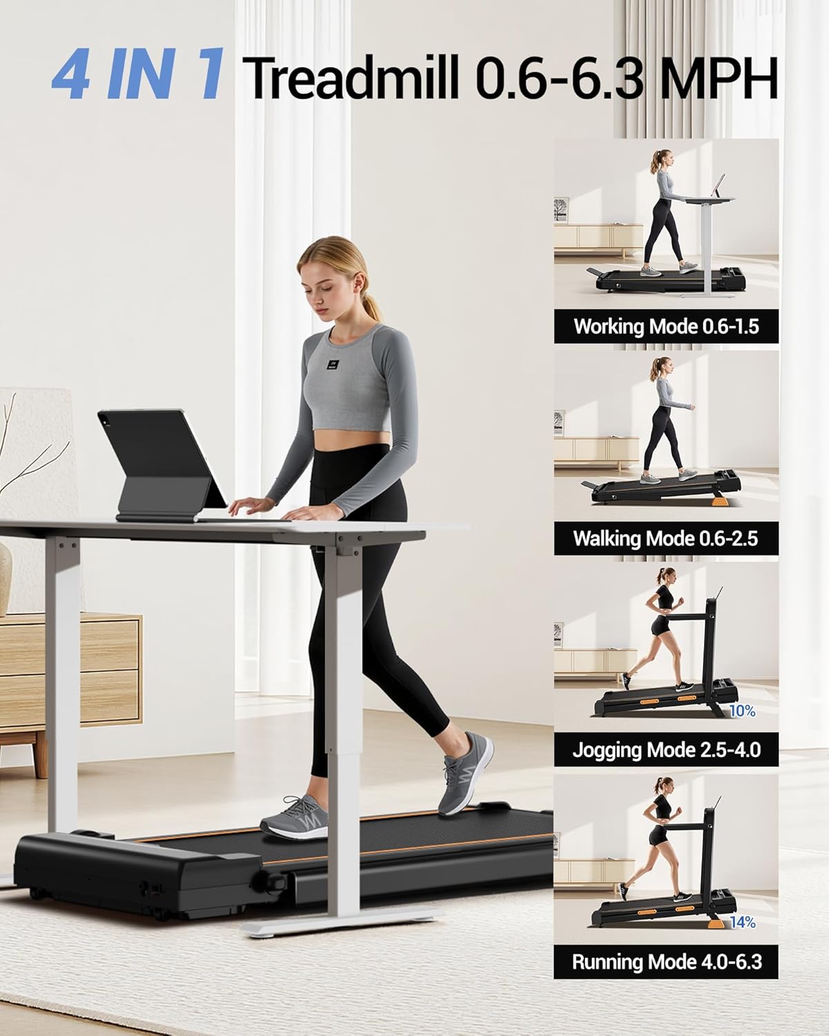 14% Incline Walking Pad Treadmills for Home, Under Desk Treadmill with Handles, Foldable Treadmill with 2.5 HP Quiet Brushless