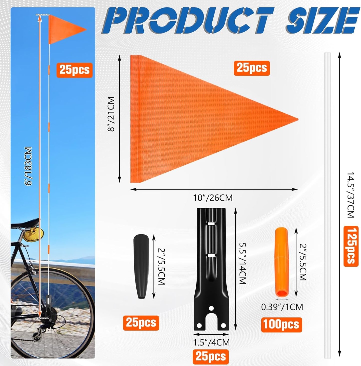 25 Set Bike Safety Flag 6 ft with Pole, an Warning Sign High Visibility Orange Flags for Bikes, Trailers, Golf Carts and All Kinds of Work Vehicles