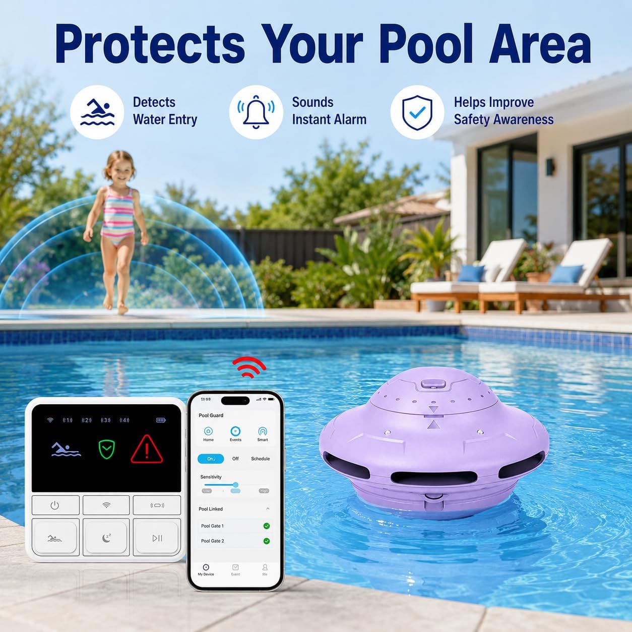 Smart Pool Alarm App Connectivity | Real-Time Phone Alerts & Adjustable Sensitivity (Purple)