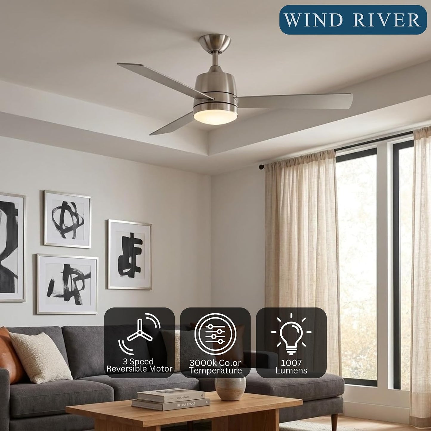 Wind River WR1520N Joplin 52 Inch Indoor Ceiling Fan | 1007 Lumens Integrated LED 3000K | Satin Nickel Finish with Silver Blades | Dual Wall Control | 3 Speed AC Motor | Manual Reverse