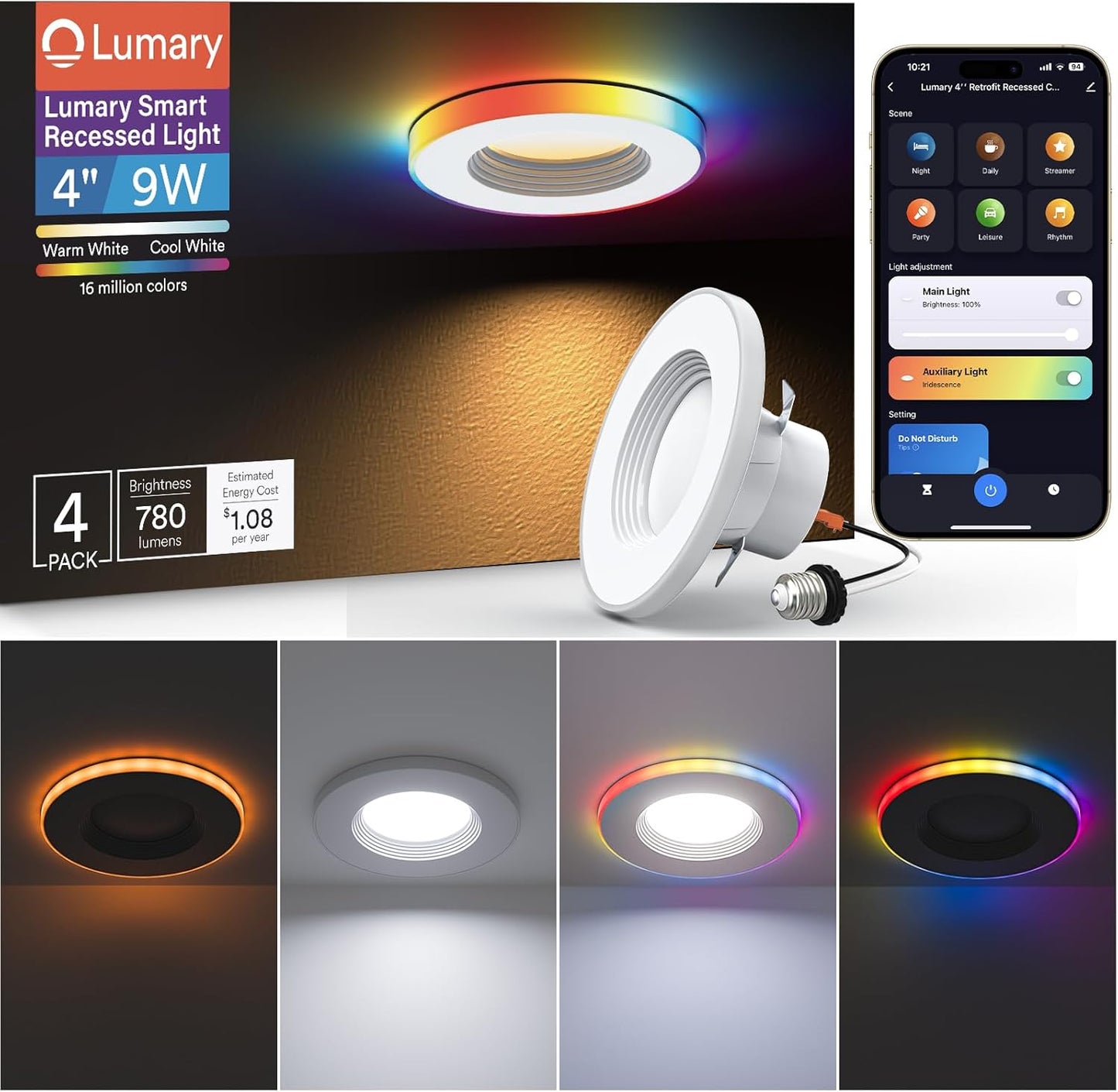 Smart Led Recessed Lighting Retrofit Max 4 Inch 4 Pack, Wi-Fi Bluetooth Direct Connect Party Lights LED Downlight, RGBAI Recessed Lights Work with