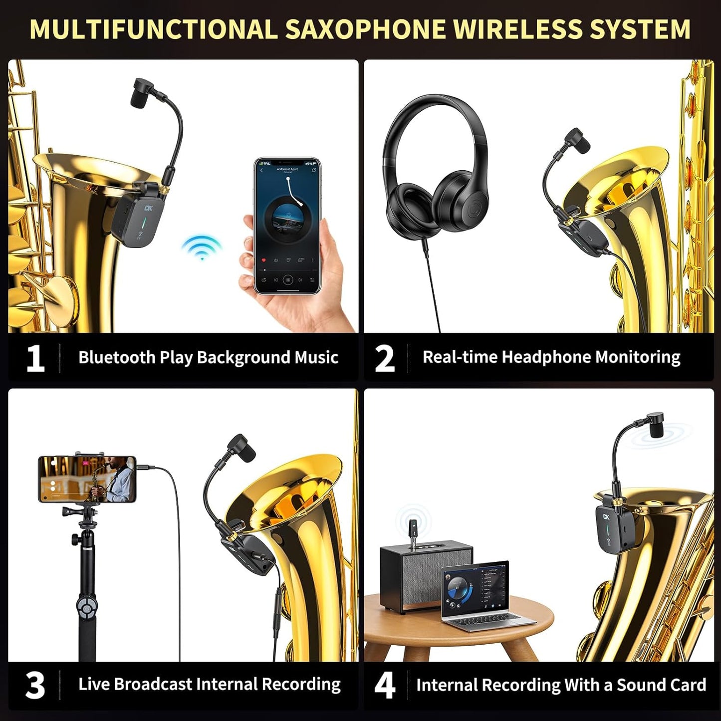 UHF Wireless Saxophone System, Clip-On Multifunctional Instruments Microphone with Charging Case, Three Sax Dedicated Modes, 131 Feet Transmission,