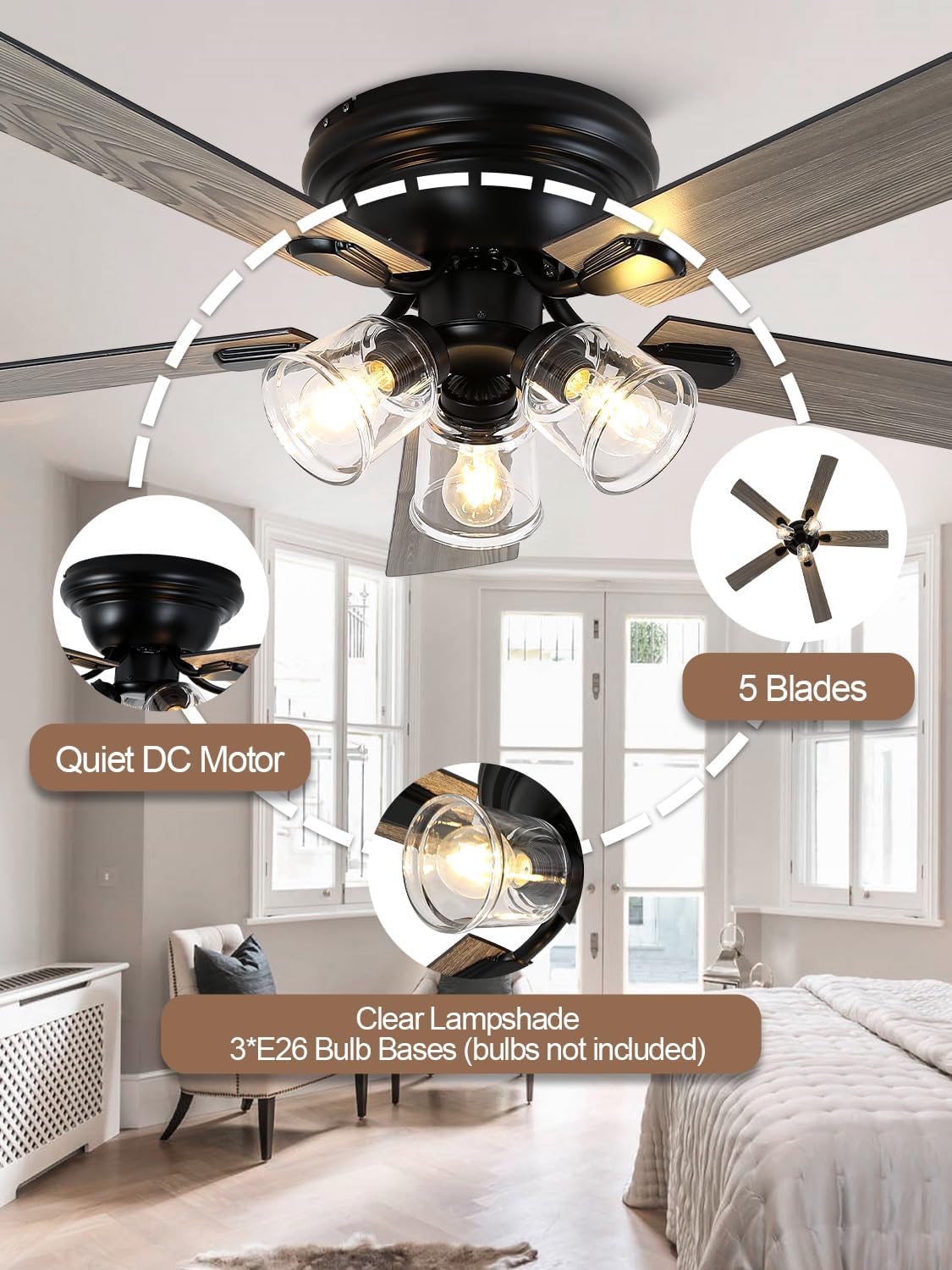 52 Inch Flush Mount Farmhouse Ceiling Fan with Lights and Remote | Rustic Fandelier Ceiling Fan, Low Profile Chandelier, 5 Dual Blade, for Bedroom Living Room, Reversible DC Motor 6 Speeds Vintage-V2