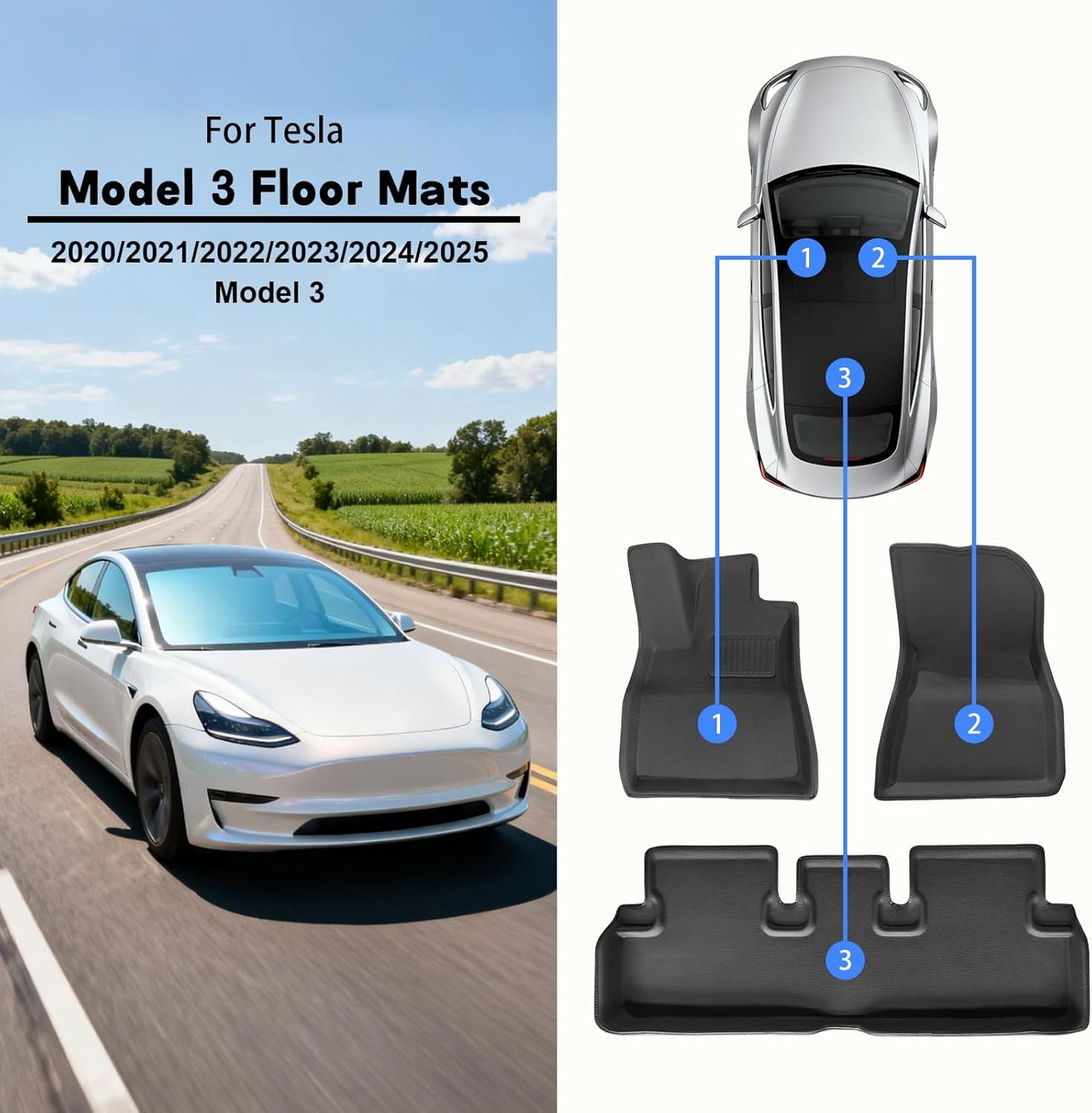 Floor Mats for Tesla Model 3 2020 2021 2022 2023 2024 2025 Highland Premium TPE All-Weather with High Edges,1st & 2nd Row Waterproof Anti-Slip Car Accessories, Pedal Safe Design, Easy to Clean.