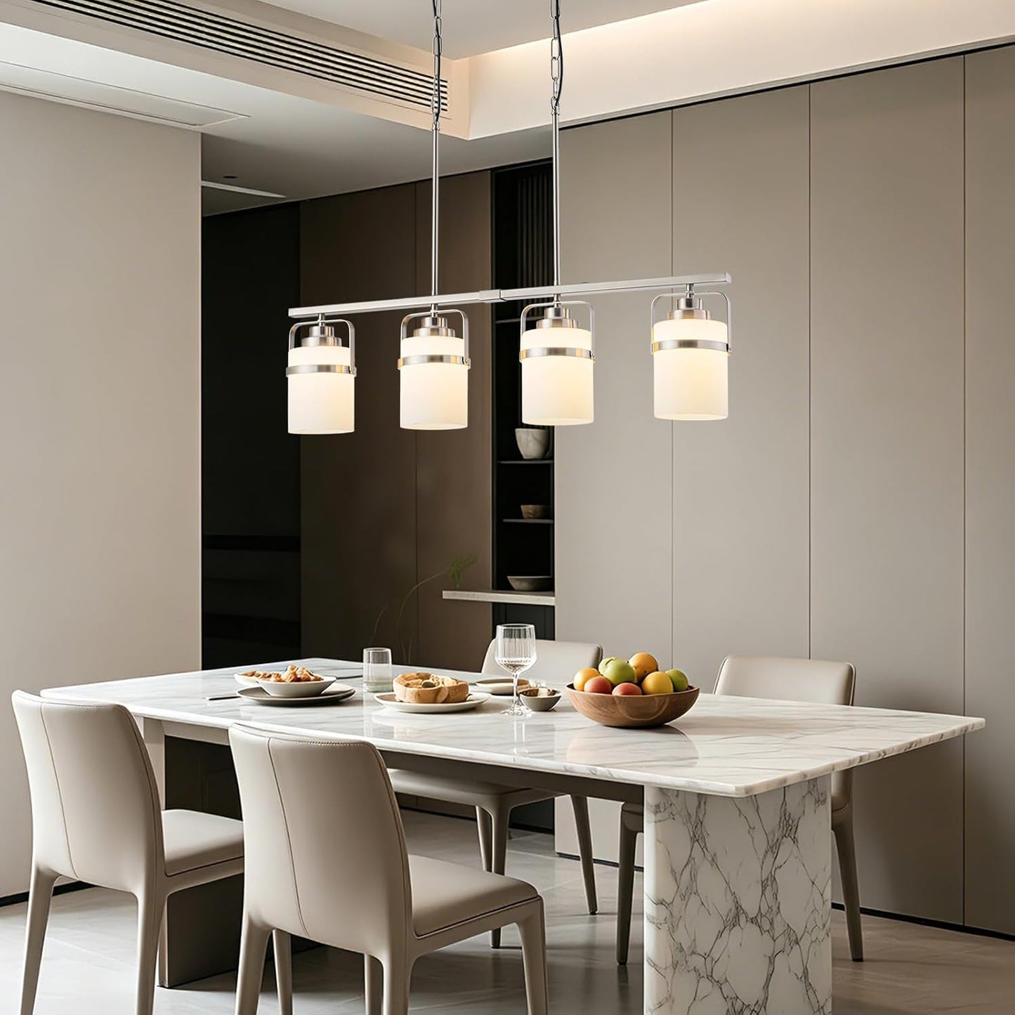 4 Light Kitchen Island Lighting, Brushed Nickel Dining Room Light Fixture with Milk Glass Shade, Adjustable Height Modern Chandelier Pendant Light for Dining Table Living Room Brushed Nickel, Milk Glass 4-Lights