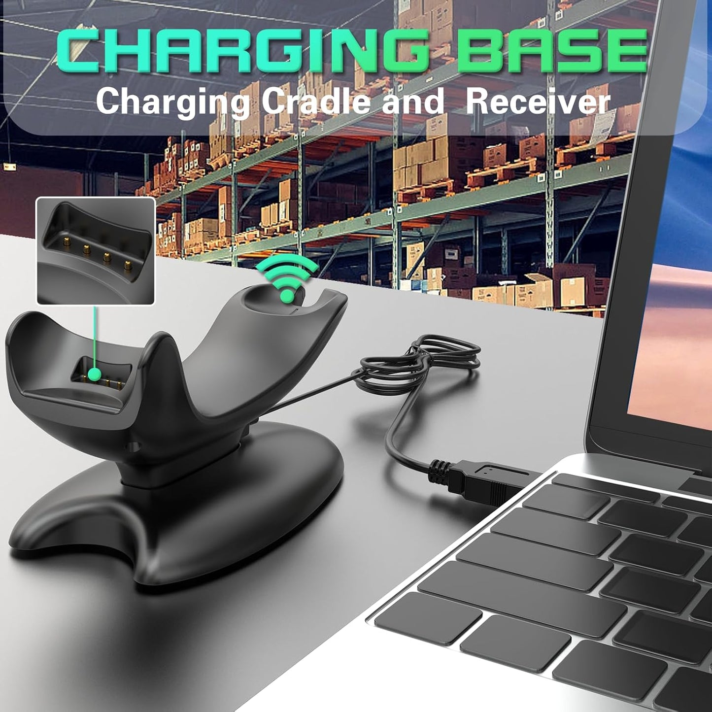 Upgraded 2D Bluetooth Barcode Scanner with Wireless Charging Stand, 1968 Feet Transmission Distance 433Mhz Wireless & Bluetooth 2in1 Barcode Reader with Hands-Free Stand