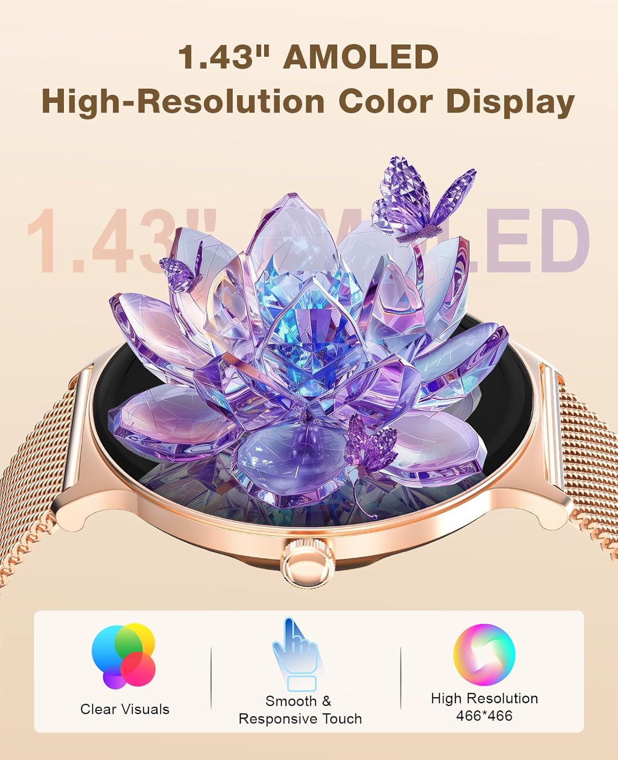 Smart Watches for Women iPhone Compatible, 1.43' AMOLED Display Fitness Tracker with Bluetooth