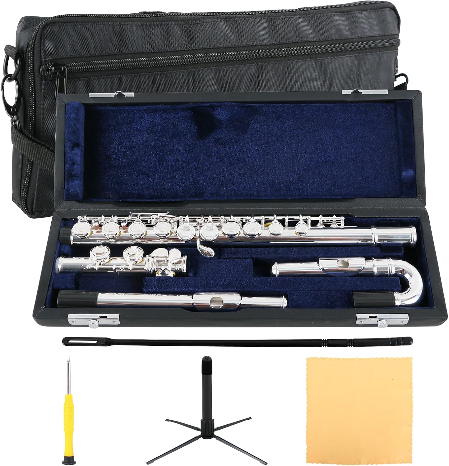 EASTROCK Silver Plated C Flute Closed Hole 16 Keys Flute Instrument with Curved Head Joint Mouthpiece Replacement,Cleaning Kit,Stand,Carrying