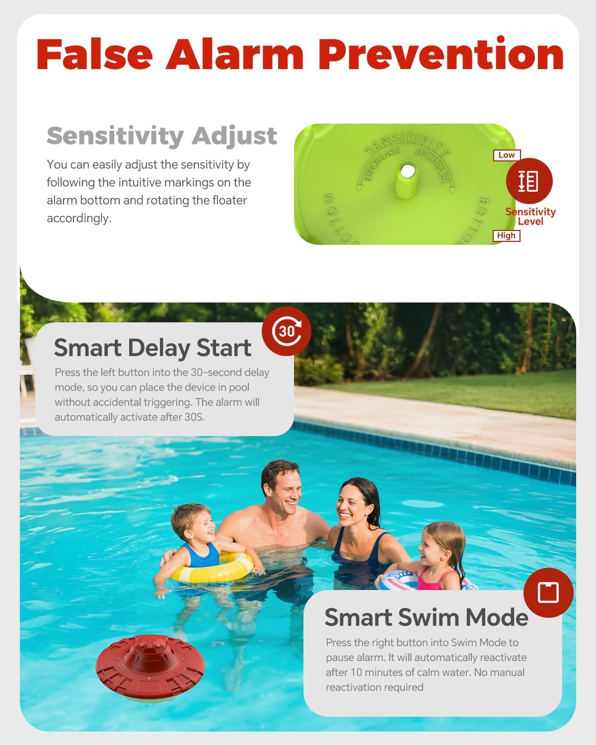Pool Alarm with Indoor Receiver, Ultra Loud Floating Alarm for Inground & Above Ground Pools, Adjustable Sensitivity for Backyard Water Safety with Children & Pets, Red Green