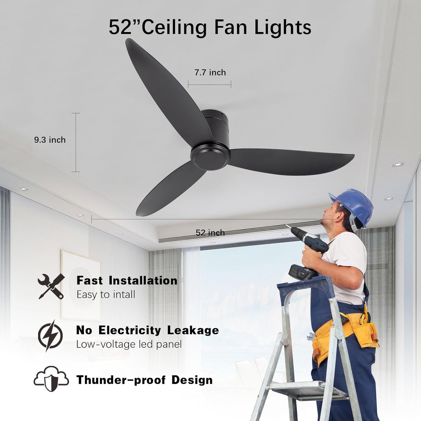 raccroc 52Flush Mount Ceiling Fan No Lights and Remote Control with 3 Black Reversible Blades Ceiling fan,6 Speed DC Motor Ceiling Fan (M3-Black 52in)