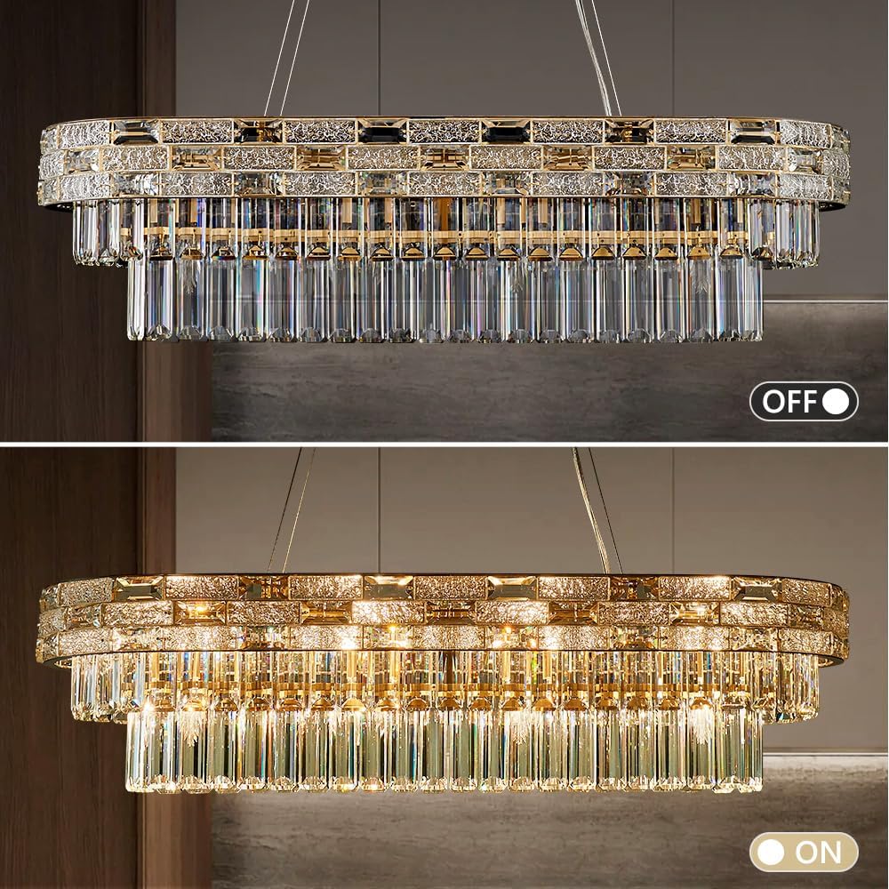 HUANXISHA Gold Oval 12-Light Modern Crystal Chandelier for Dining Room Kitchen Island Bar, L34.3 Inch