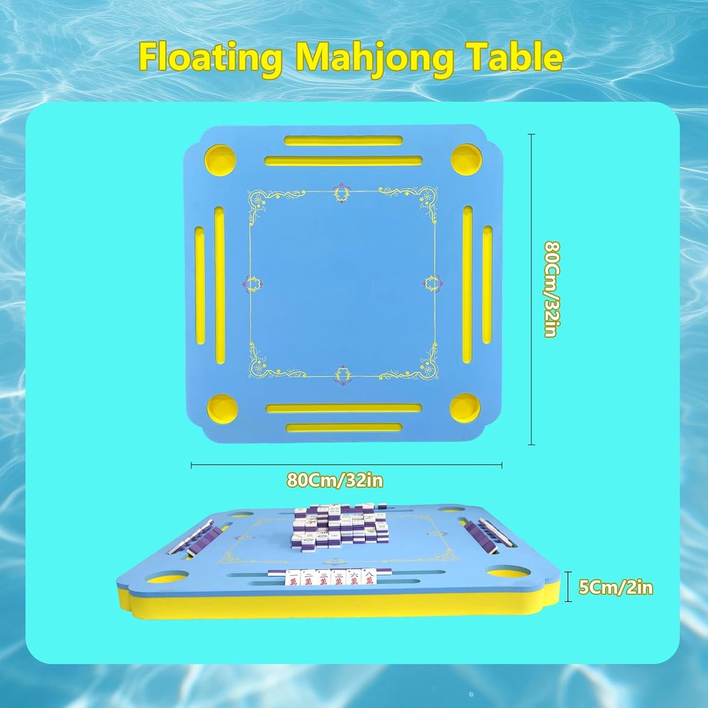 32 x 32 Inch Floating Mahjong Table for Pool, Premium EVA Mat with Tile Grooves & Cup Holders, Floating Mahjong Set, Multi-Game Pool Float Table for Summer Pool Party
