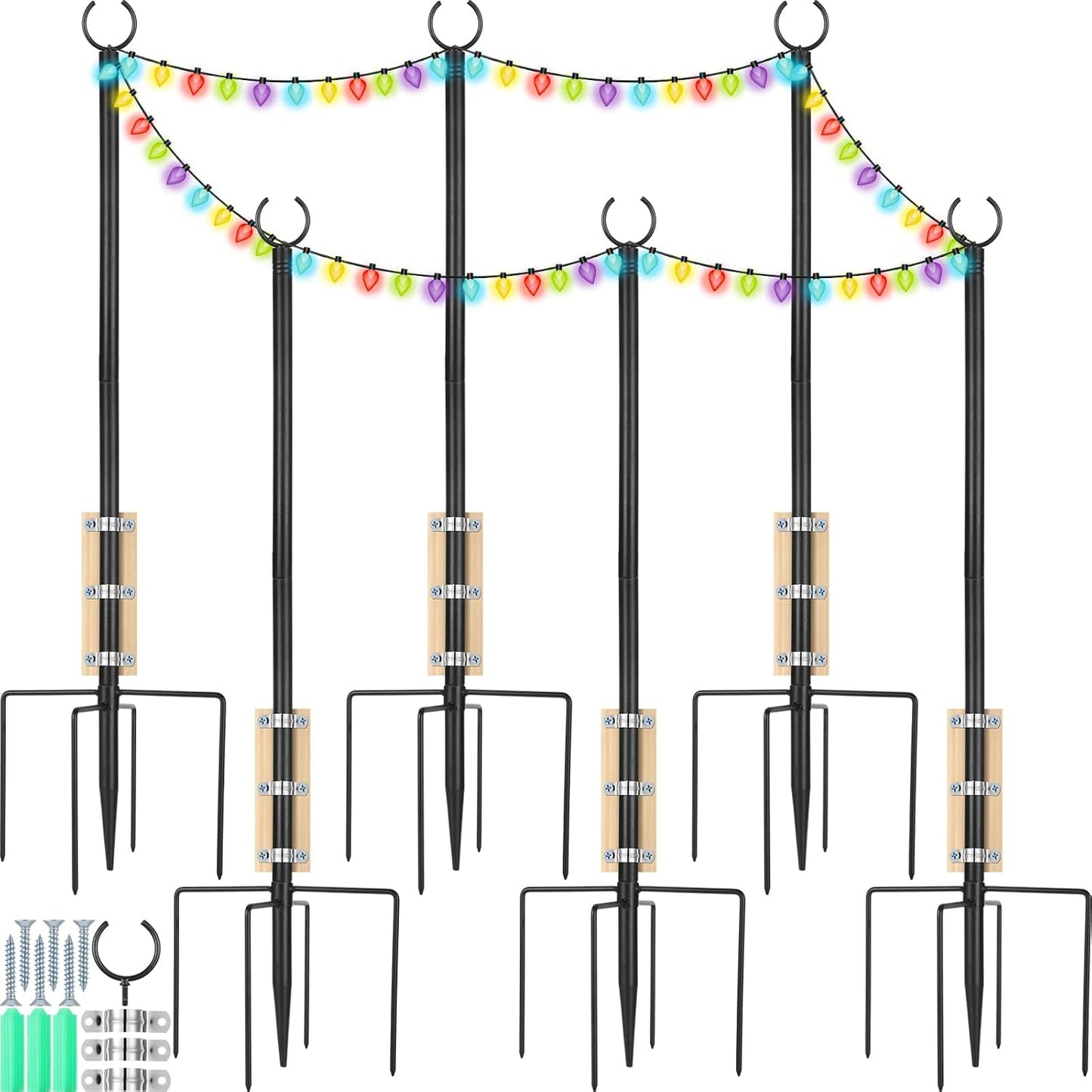 6 Set String Light Poles with Hooks, 9ft Metal Light Pole, Outdoor 2 in 1 Light Poles with Fork