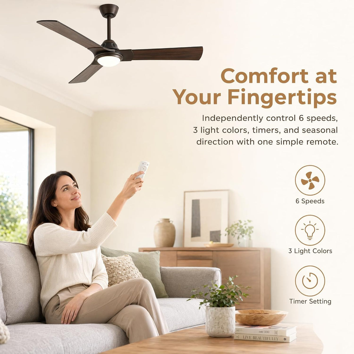 52 Inch Ceiling Fan with Light, DC Motor 52 inches Double Wood Grain
