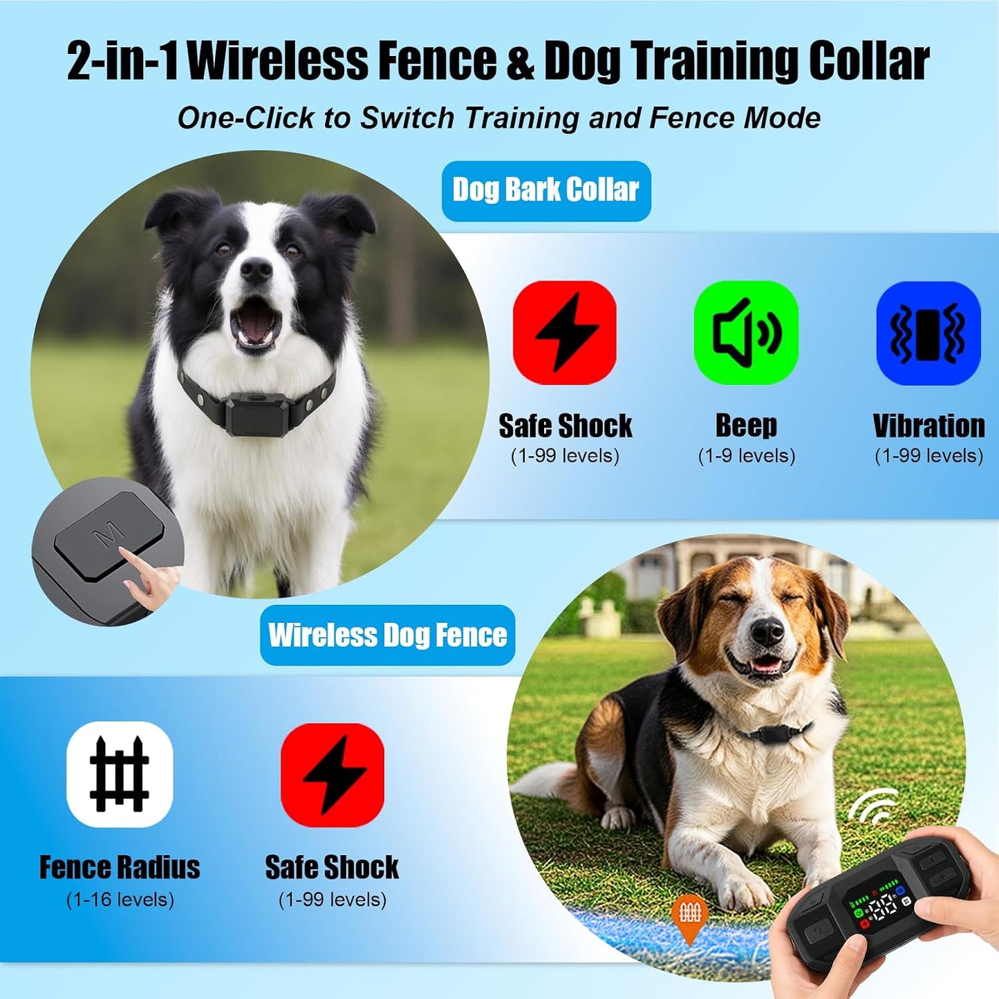 2-in-1 Wireless Dog Fence & Training Collar,300M Range,16 Boundary Levels,Rechargeable Collar with Beep,Vibration & Gentle Static Guidance,IPX6 Waterproof for Small Medium Large Dogs