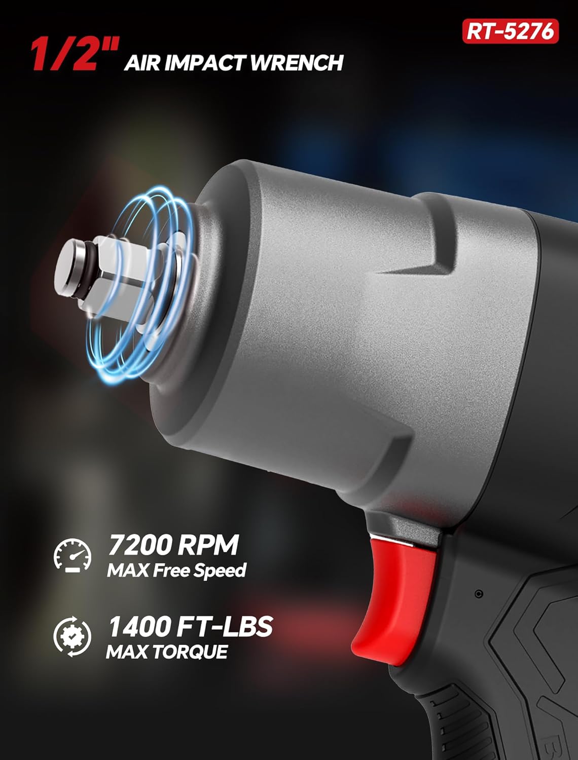 ROTAKE RT-5276 1/2" Air Impact Wrench High Torque, 1400 Ft-Lbs Heavy Duty Pneumatic Impact Gun, Twin Hammer Air Tools for Professional Mechanics, Car & Light Truck Tire Removal