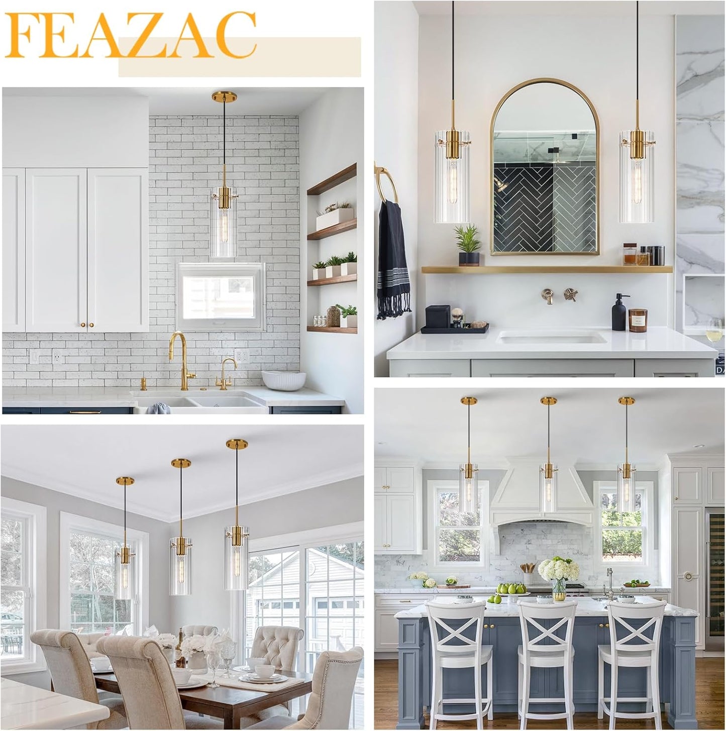 FEAZAC Gold Pendant Light Fixtures, 3 Pack Modern Pendant Lighting with Clear Striped Glass Shade, Hanging Pendant Lights Kitchen Island, Farmhouse