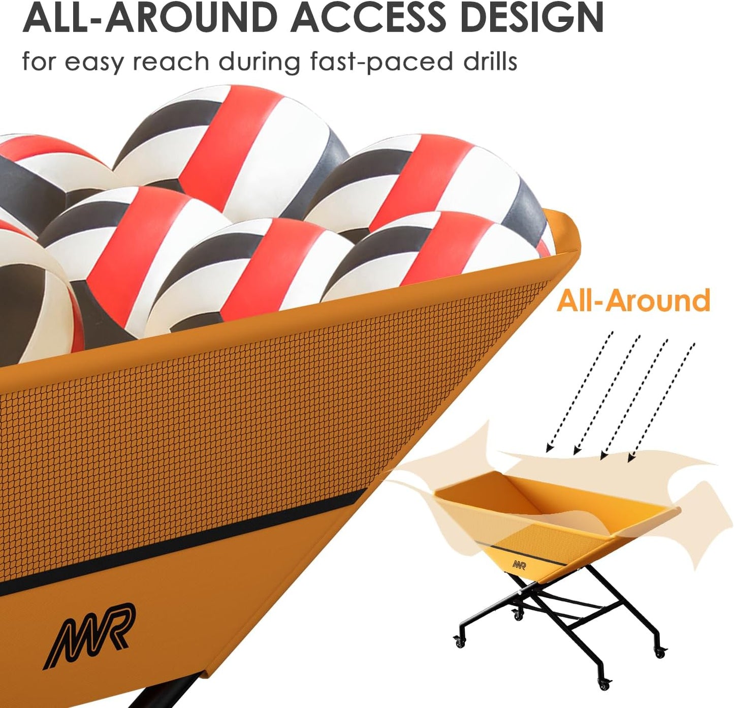 MR Collapsible Volleyball Wheeled Cart, Portable Hammock Ball Cart, Volleyball Cart with Wheels, Rolling Volleyball Basket Ball Storage, Volleyball Training Equipment Ball Holder, Hold Up to 30 Balls