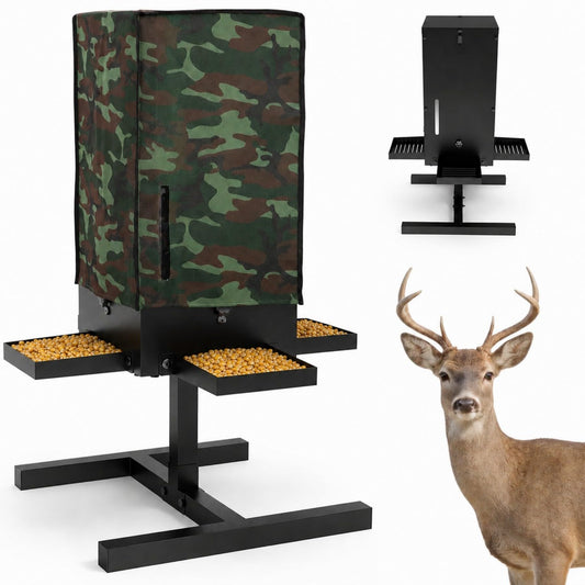 50 lbs Deer Feeder with 4 Feeding Tray, Gravity Deer Feeder with Adjustable Feed Outlet, View Window, Weatherproof Camo Cover, Metal Deer Feeders for Woodland, Farm, Ranch & Hunting Grounds