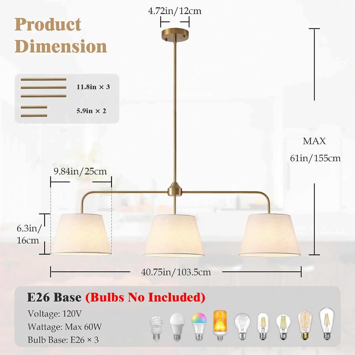 Linear Chandeliers for Dining Room 40.75in, Brass Kitchen Island Fixture