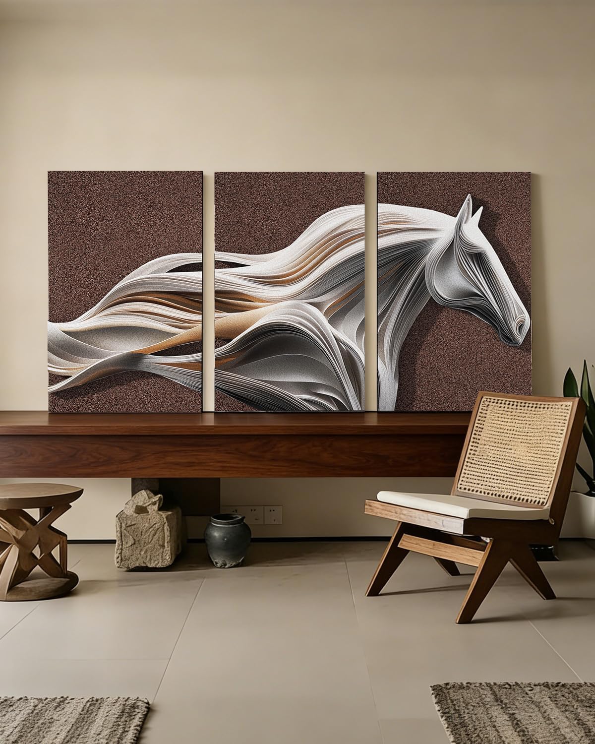 3 Piece 3D Animal Textured Wall Art Brown Sandstone Living Room Decor Horse 01 Unframed 20''W x 30''H x 3