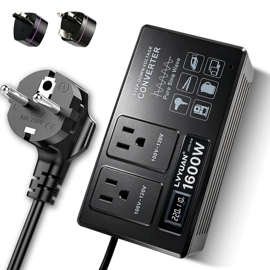 LVYUAN 1600W Pure Sine Wave Step-Down Voltage Converter with LCD | 200-240V input to 100-120V 60Hz output, 3 travel plug adapters: Type E/F, G, and I, Black